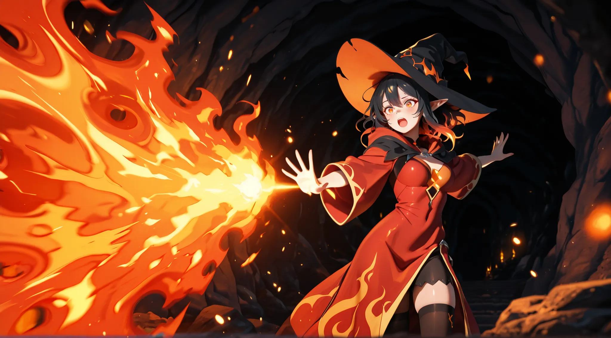 masterpiece, ultra detailed, clean lineart, cel shading, anime-style fantasy scene of mature female elf pyromancer with intense wild expression, round face, long dramatic black hair with neon orange tips, wearing red and dark yellow mage robe with shiny me...