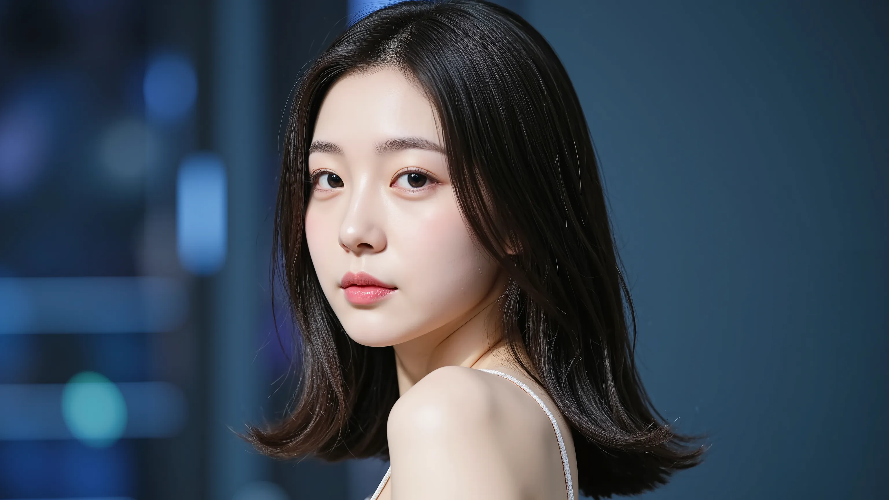 a shoulder-up candid photo of a 20-year-old Korean woman on a real concert stage, photographed with a DSLR, natural lighting, detailed skin texture, soft background blur, minimal or stage makeup, unique facial features, ultra photorealistic, not digital ar...