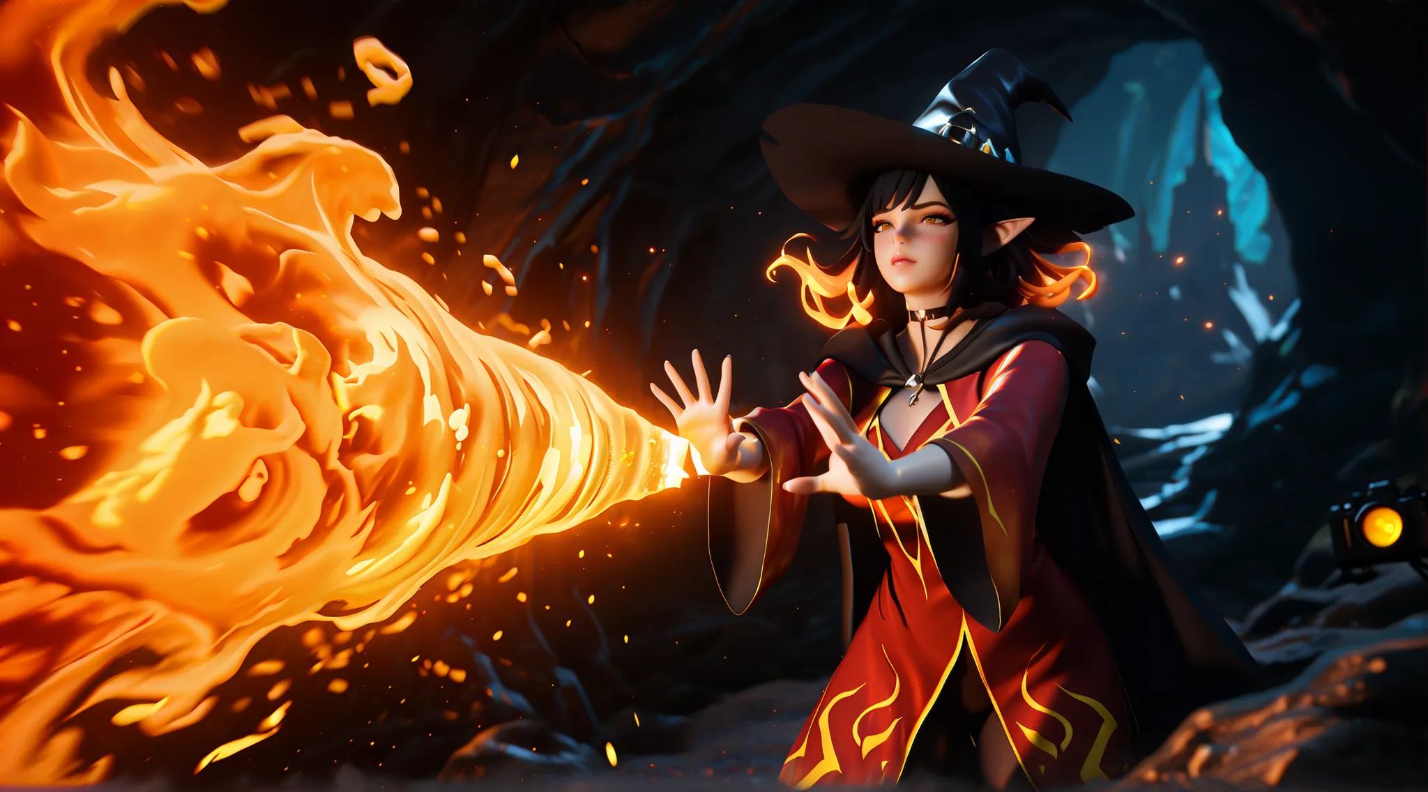 CG, 3D. Masterpiece, good artist, beast composition, mythological realism, ultra-detailed, cinematic HDR lighting, vibrant color palette, studio render, UHD, 8k, clean lineart, cel shading, anime-style fantasy scene of mature female elf pyromancer with int...