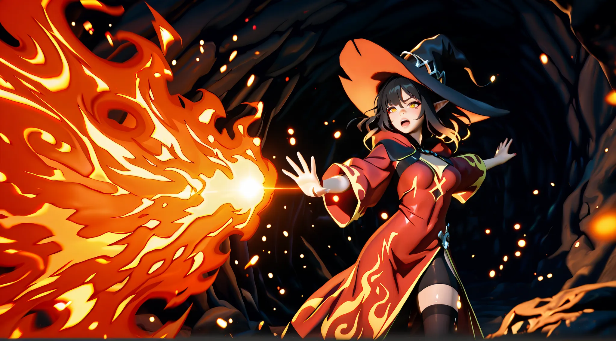Masterpiece, good artist, beast composition, mythological realism, ultra-detailed, cinematic HDR lighting, vibrant color palette, studio render, UHD, 8k, clean lineart, cel shading, anime-style fantasy scene of mature female elf pyromancer with intense wil...