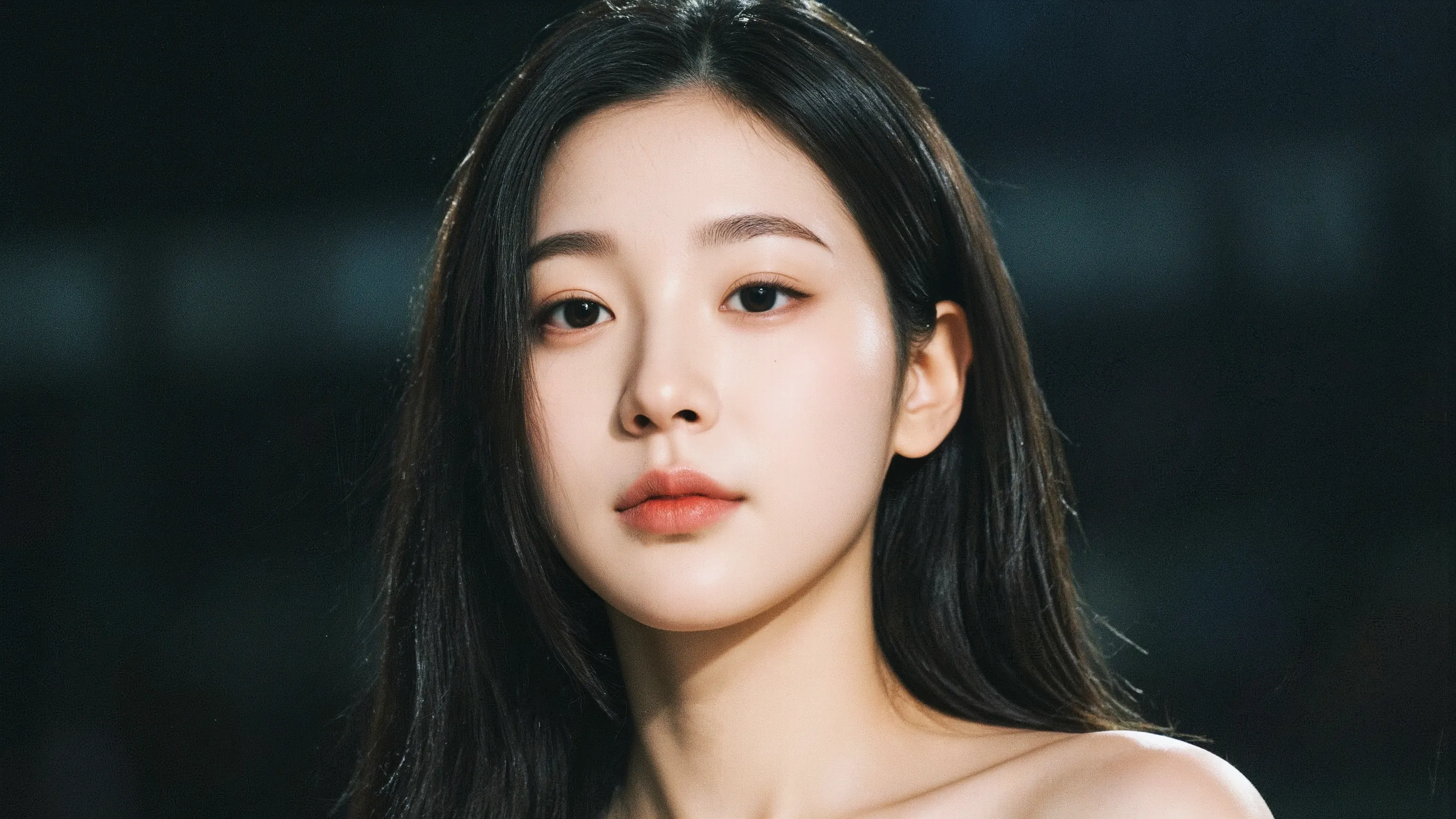 a shoulder-up candid photo of a 20-year-old Korean woman on a real concert stage, photographed with a DSLR, natural lighting, detailed skin texture, soft background blur, minimal or stage makeup, unique facial features, ultra photorealistic, not digital ar...