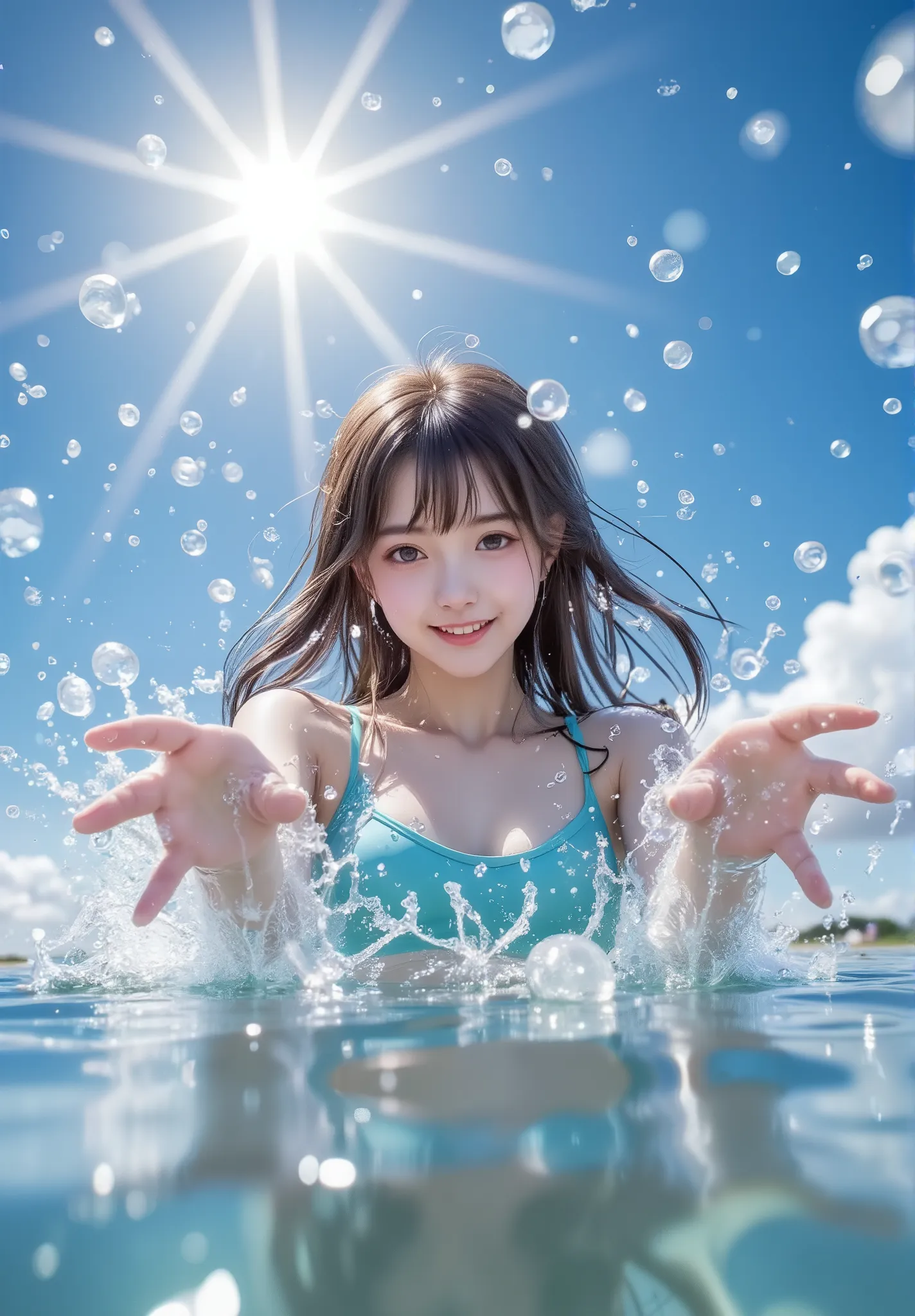 a dramatic upward angle from the water surface, showing a cheerful anime-style girl splashing water directly at the camera with both hands, her face full of excitement, sunlight shining behind her head like a halo, big water droplets flying toward the view...