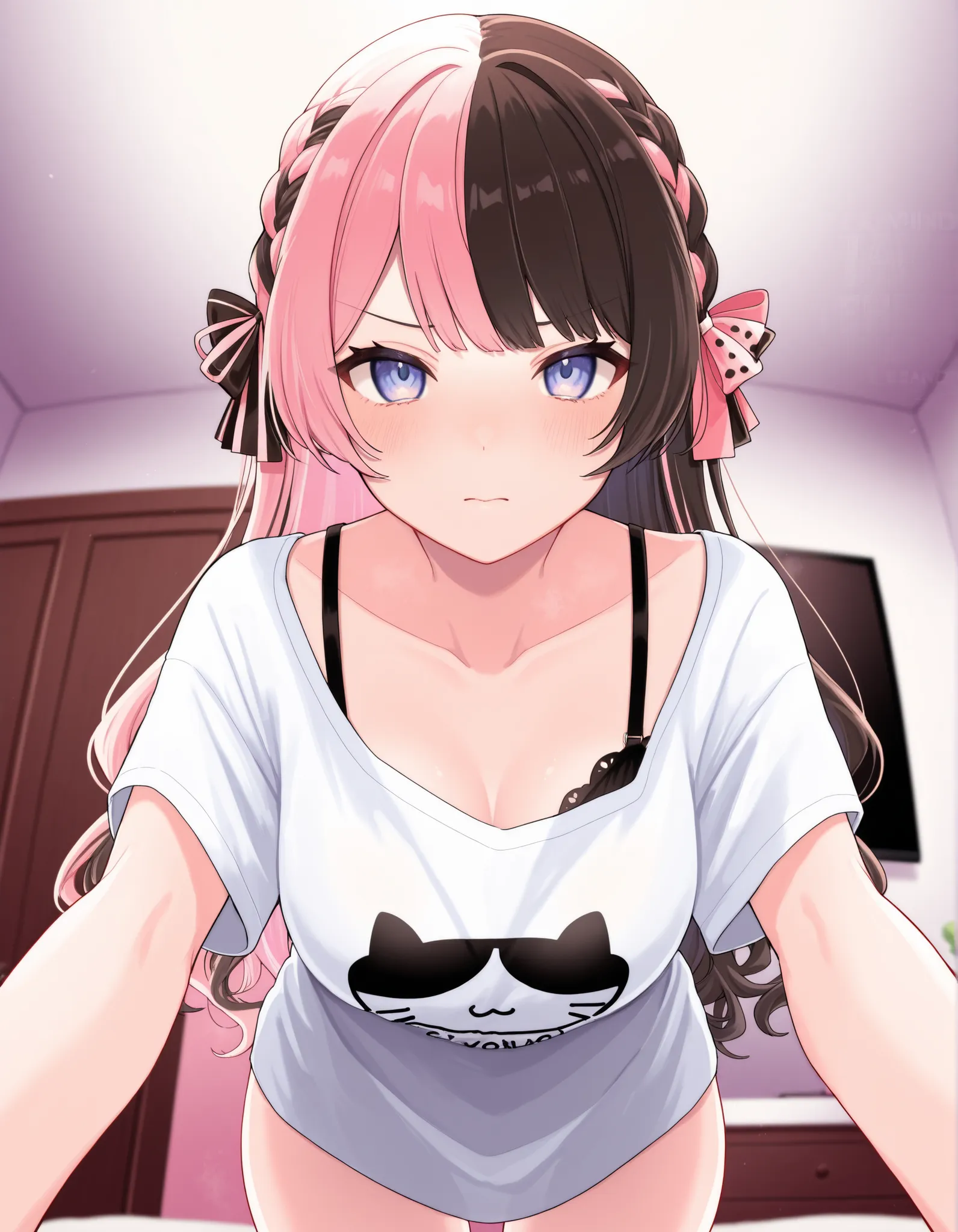 nsfw, tachibana hinano,virtual youtuber,TachibanaHinano, two-tone hair, long hair, french braid, hair bow,white Tshirt,collarbone,clevage,black inner bra,leanind forward,looking at viewer,indoor,tiny room,high quality,high detailed,masterpiece