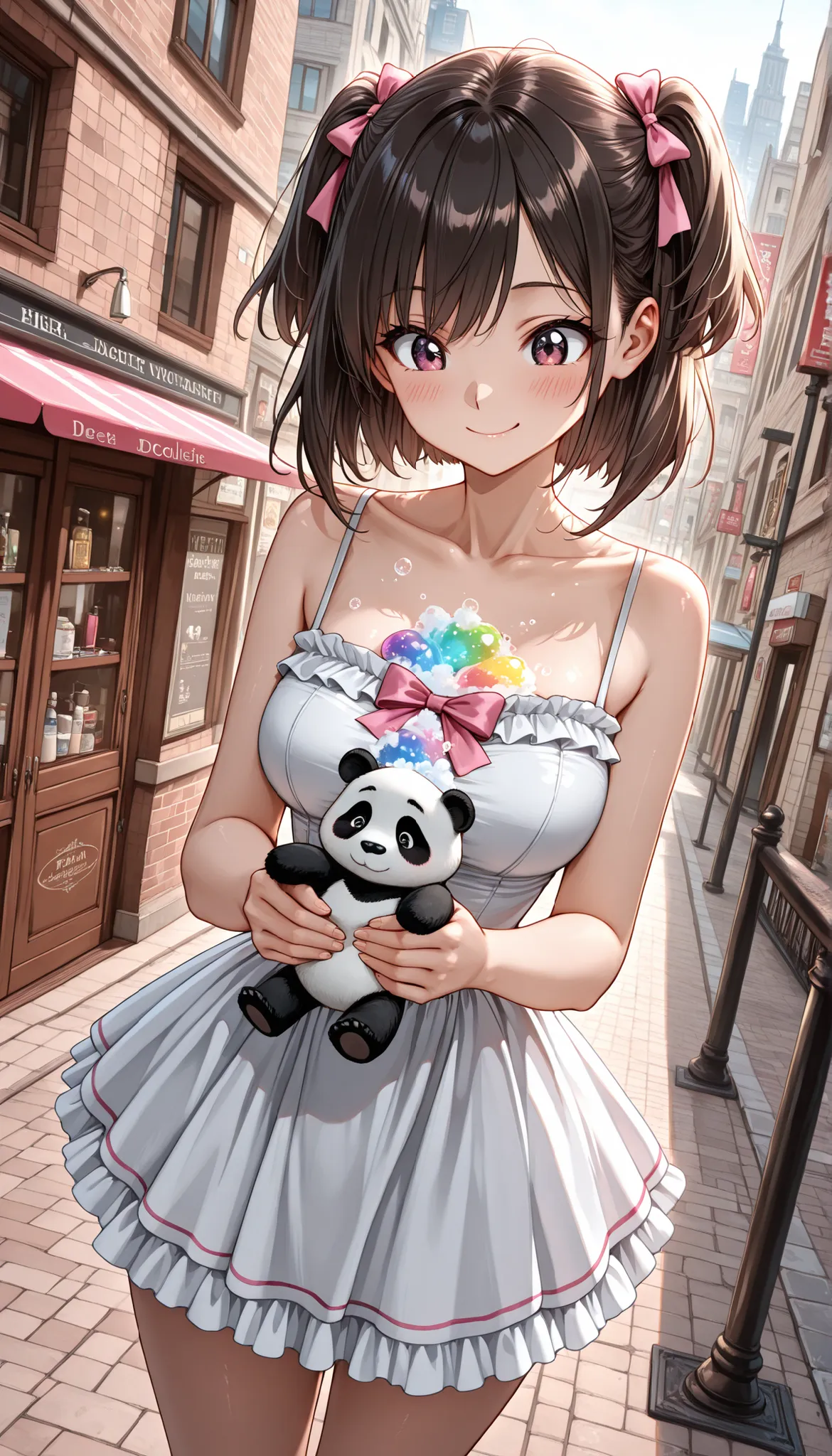(Beautiful girl : 1.3),1 girl, 16 years old, (white shiny dress, décolleté, middle chest, frilly skirt , pink bow), we are holding a toy panda in our hands, dark-haired, two side tails, Smile Ian, blush, luminescence art, Colorful soap bubbles, world, we a...