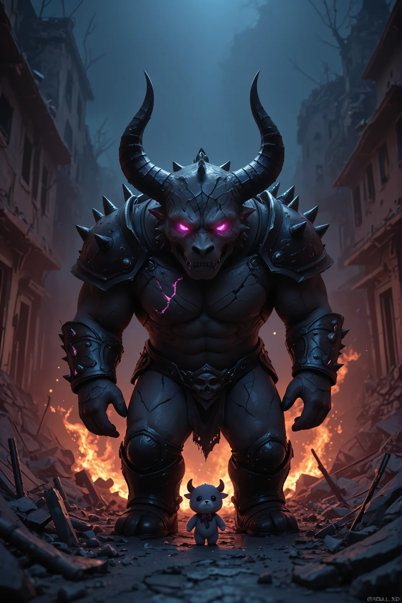 split-frame vertical 9:16 scene with a clear dividing crack or glowing line in the center, left side: brutal demon Belial with large horns, spiked armor, glowing eyes, standing in red flames and broken ruins, dark foggy atmosphere, brutal lighting; right s...