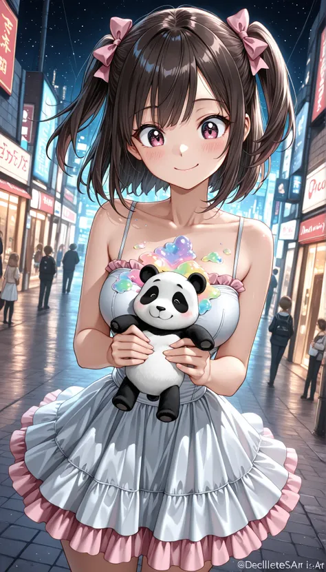 (Beautiful girl : 1.3),1 girl, 16 years old, (white shiny dress, décolleté, middle chest, frilly skirt , pink bow), we are holding a toy panda in our hands, dark-haired, two side tails, Smile Ian, blush, luminescence art, Colorful soap bubbles, world, we a...