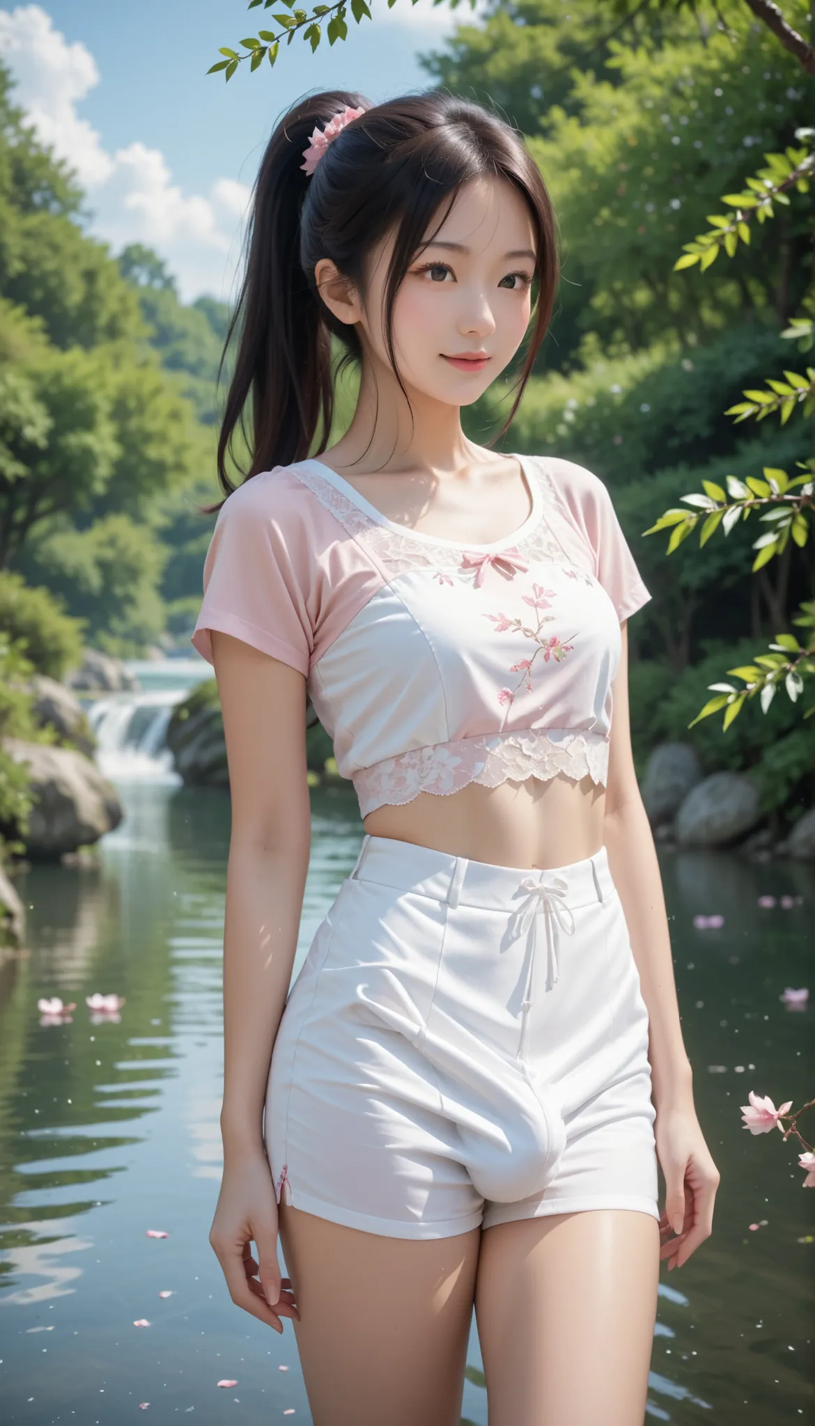 score_9, score_8_up, score_7_up, super detailed, 32K, masterpiece, top quality, super high definition ,nsfw, official art, photorealistic, sharp focus, solo, Classy Japanese woman masturbates alone, ((ponytail)), black hair, small face, natural makeup, cut...