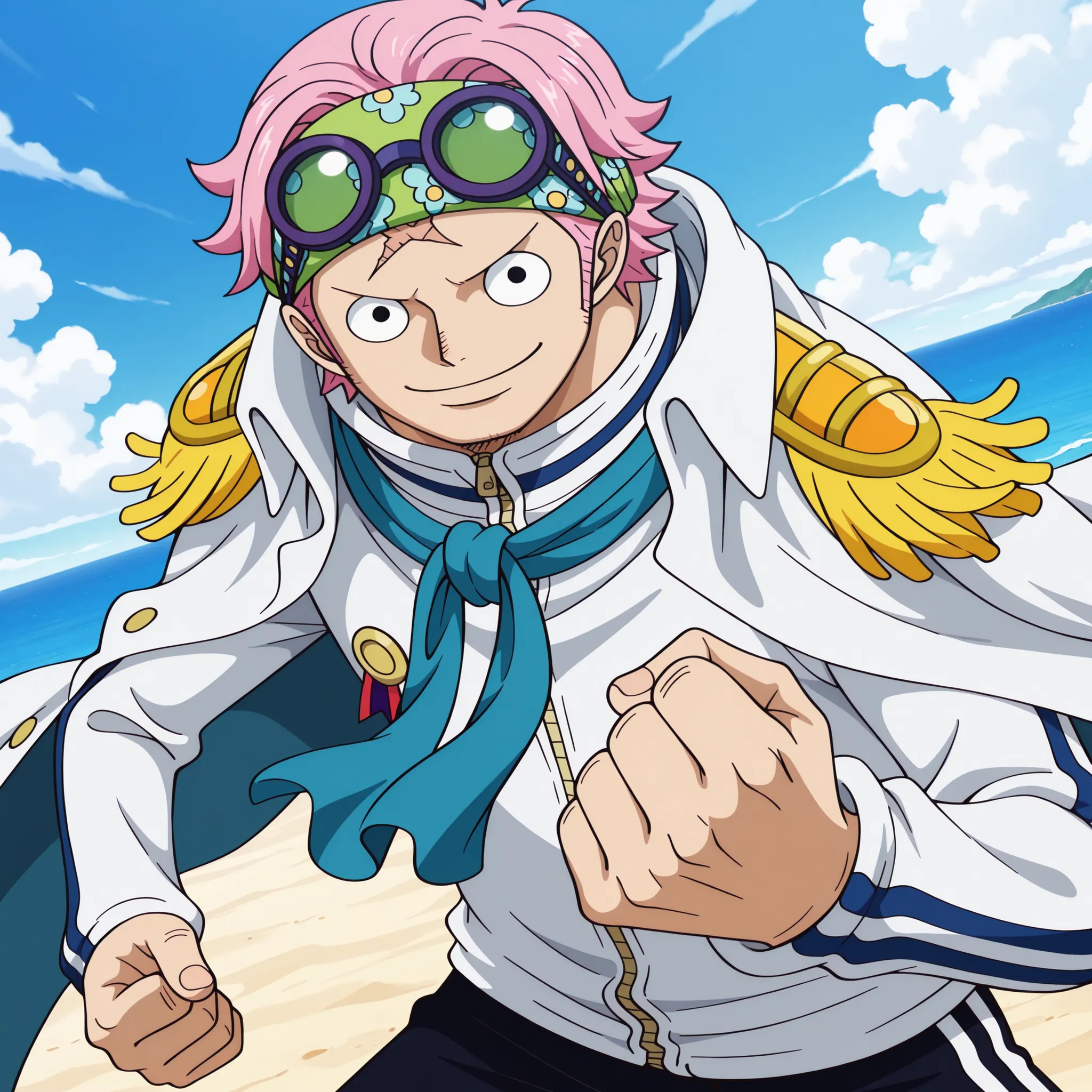 masterpiece, best quality, newest, absurdres, highres, safe, anime style, anime capture, anime screen, 1boy, solo, one piece, koby (one piece), black eyes, scar on face, pink hair, short hair, headband, eyewear on head, track jacket, long sleeves, zipper, ...
