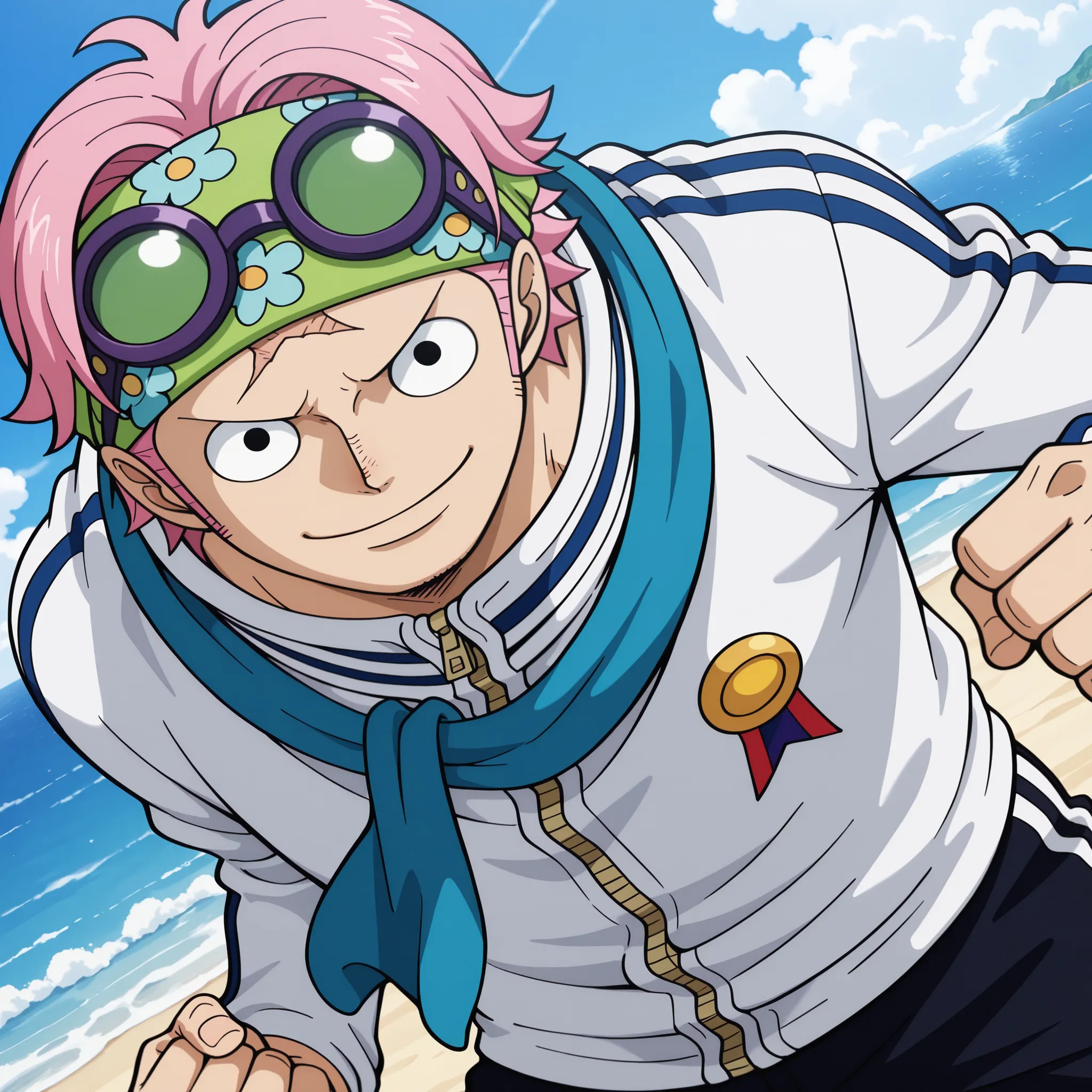masterpiece, best quality, newest, absurdres, highres, safe, anime style, anime capture, anime screen, 1boy, solo, one piece, koby (one piece), black eyes, scar on face, pink hair, short hair, headband, eyewear on head, track jacket, long sleeves, zipper, ...