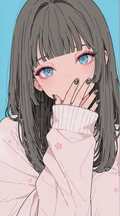 masterpiece, best quality, 1girl, solo, bangs, mole under eye, black nails, blunt bangs, mole, blue background, simple background, black hair, looking at viewer, eyelashes, fingernails, nail polish, black pink cherry blossom nail polish nail art pattern, c...
