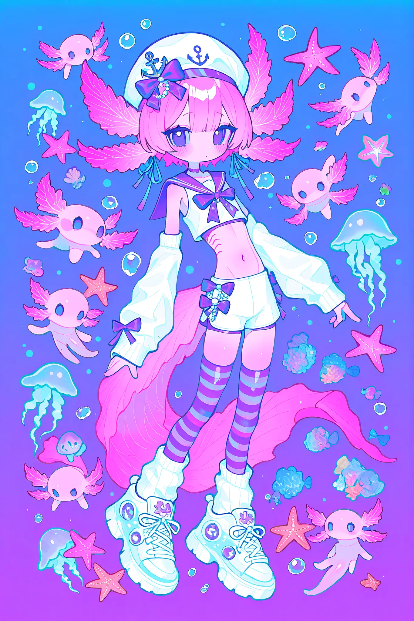 (male/boy character) The femboy idol. Beastman/furry/anthropomorphic axolotl. He has light pink skin covered with blush. He has a petite, flat-chested androgynous body structure. He has two-tone blue-purple eyes. He has two-tone pink-purple short hair with...