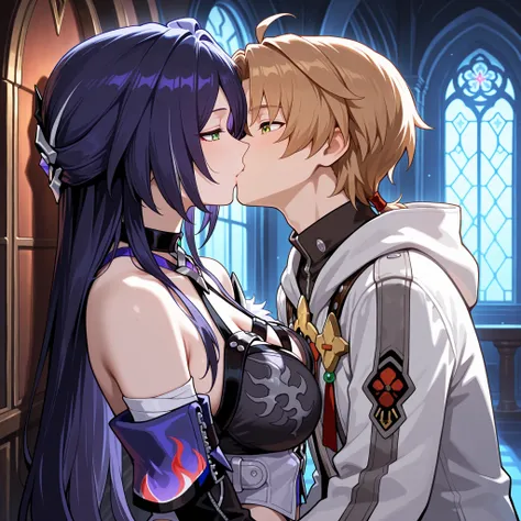 Love couple, older woman with younger man, Rudeus Greyrat and Acheron Honkai Star Rail, green eyes, inside manor, kissing each other, masterpiece, best quality, High resolution
