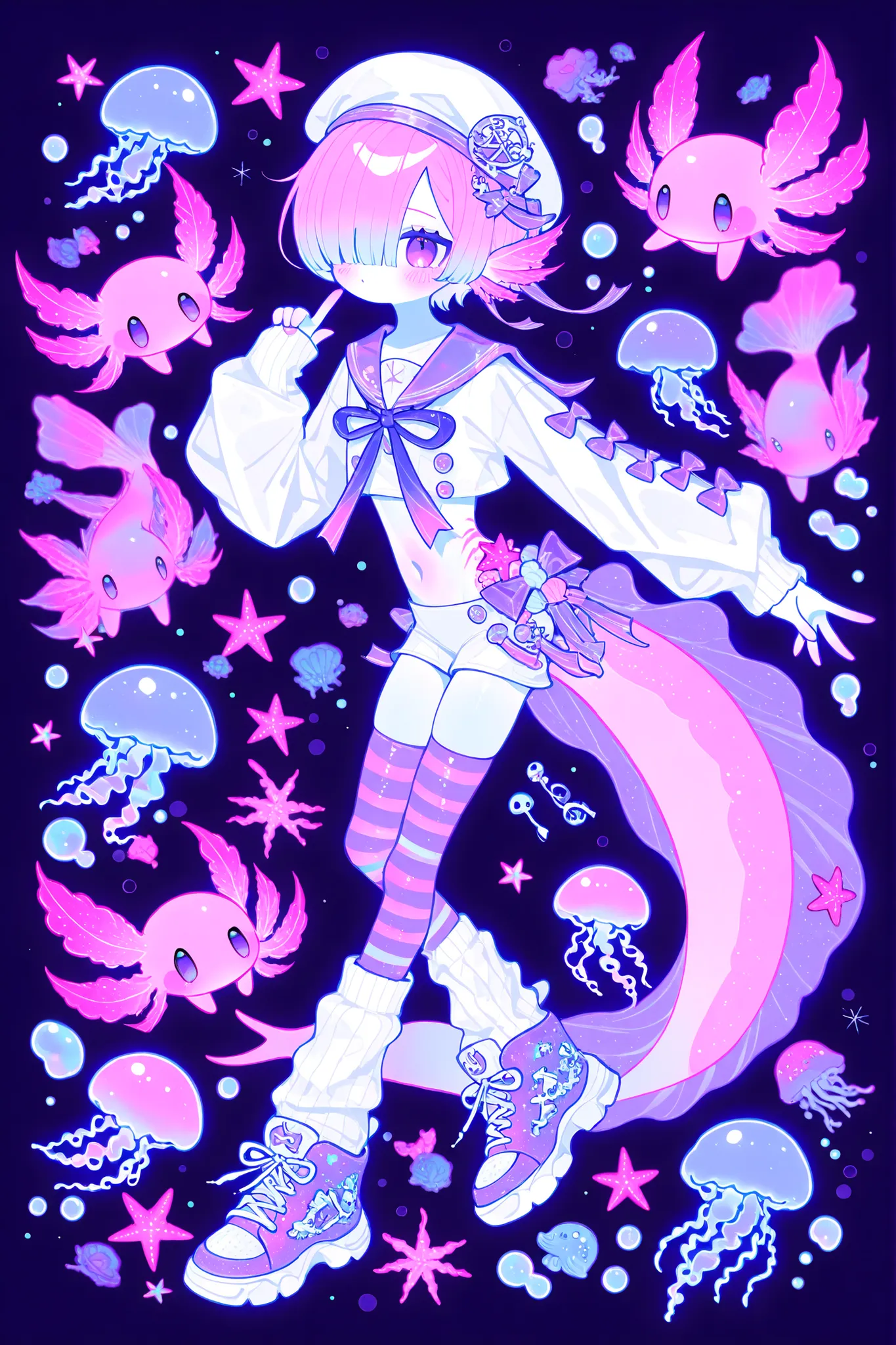 (male/boy character) The femboy idol. Beastman/furry/anthropomorphic axolotl. He has light pink skin covered with blush. He has a petite, flat-chested androgynous body structure. He has two-tone blue-purple eyes. He has two-tone pink-purple short hair with...
