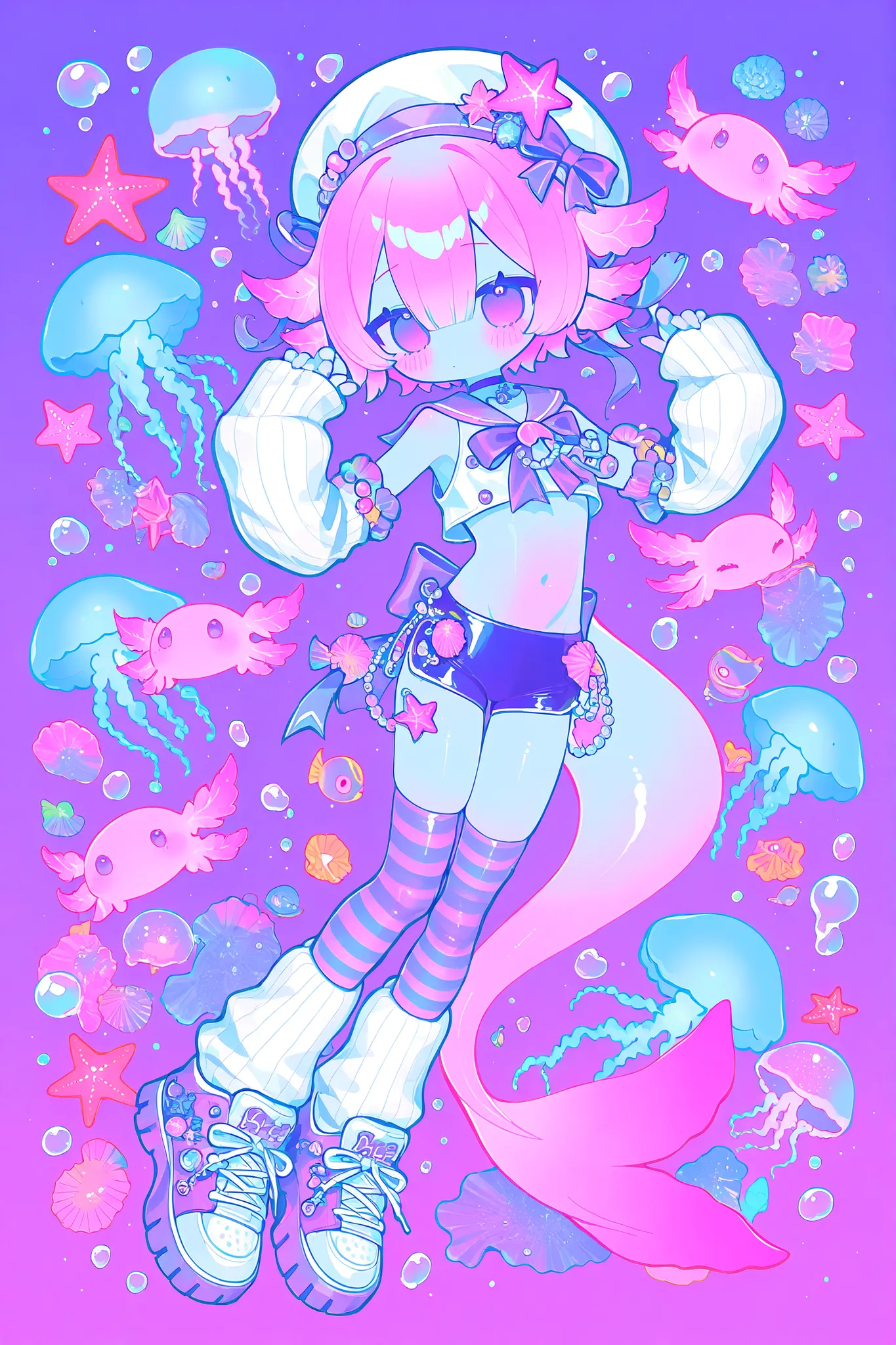 (male/boy character) The femboy idol. Beastman/furry/anthropomorphic axolotl. He has light pink skin covered with blush. He has a petite, flat-chested androgynous body structure. He has two-tone blue-purple eyes. He has two-tone pink-purple short hair with...