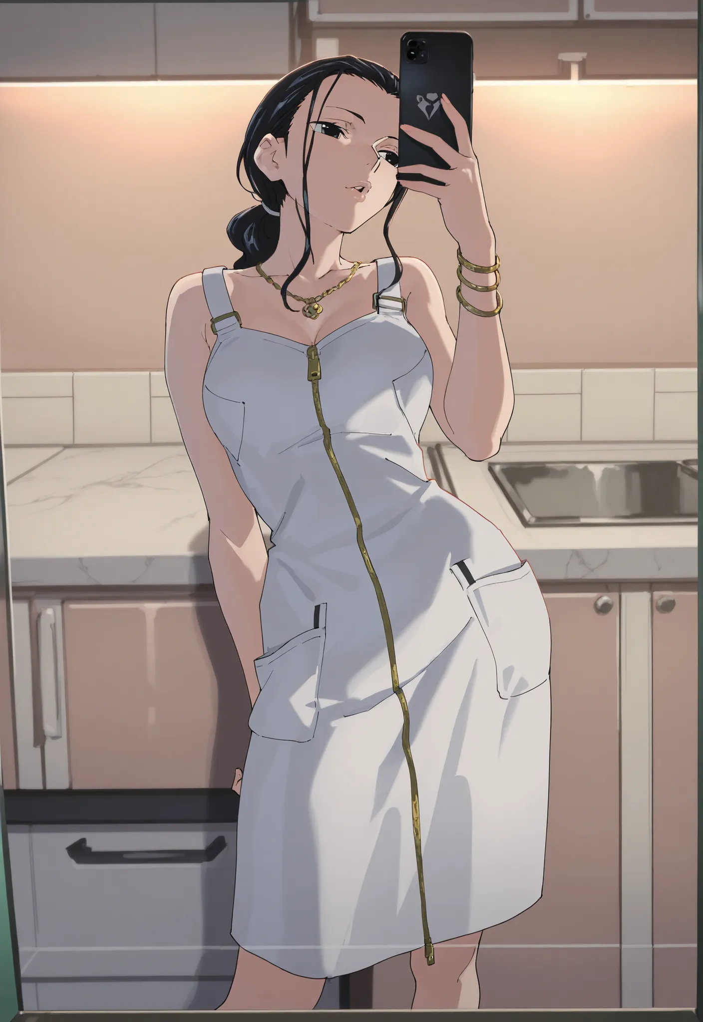 (original,nico robin,taimanin (series),flat color,WIP,black hair,black eyes),mirror selfie, selfie,backlighting, (painterly,high detail,highly detailed,cel shading),{artstyle: Yoneyama Mai,iwao178,S4s4k1Nsfw,ebora,tenchisouha,zenless zone zero},professiona...