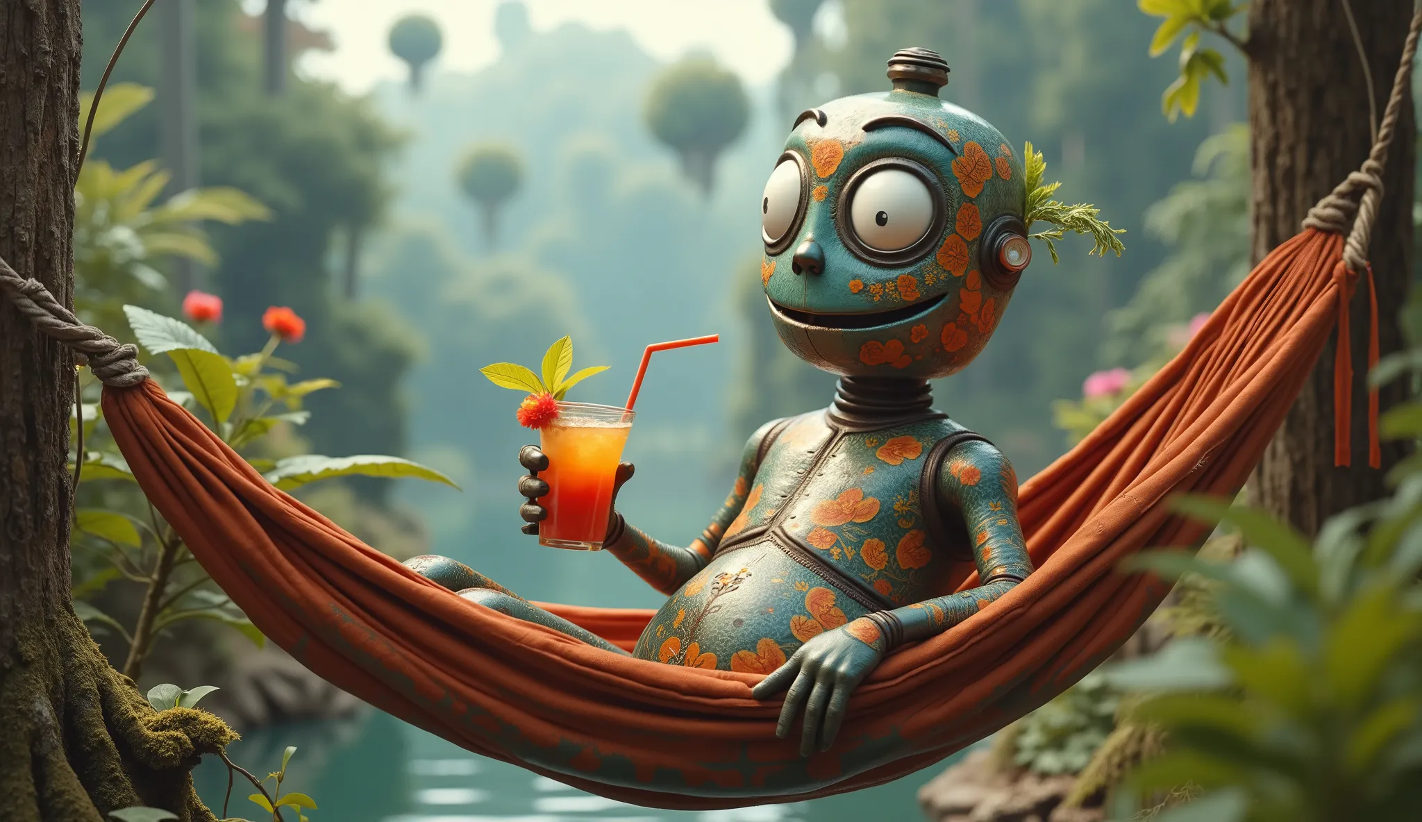happy gas-cylinder is resting on hammock and drinking cocktail,hyper realism,extremely detailed,elegan, folklor bodypaint,Vietnamese national wear,natural textures, hyper realisitc, hyper detailed,Extremely detailed,High contrast, ,Realistic,Ultra Detailed...