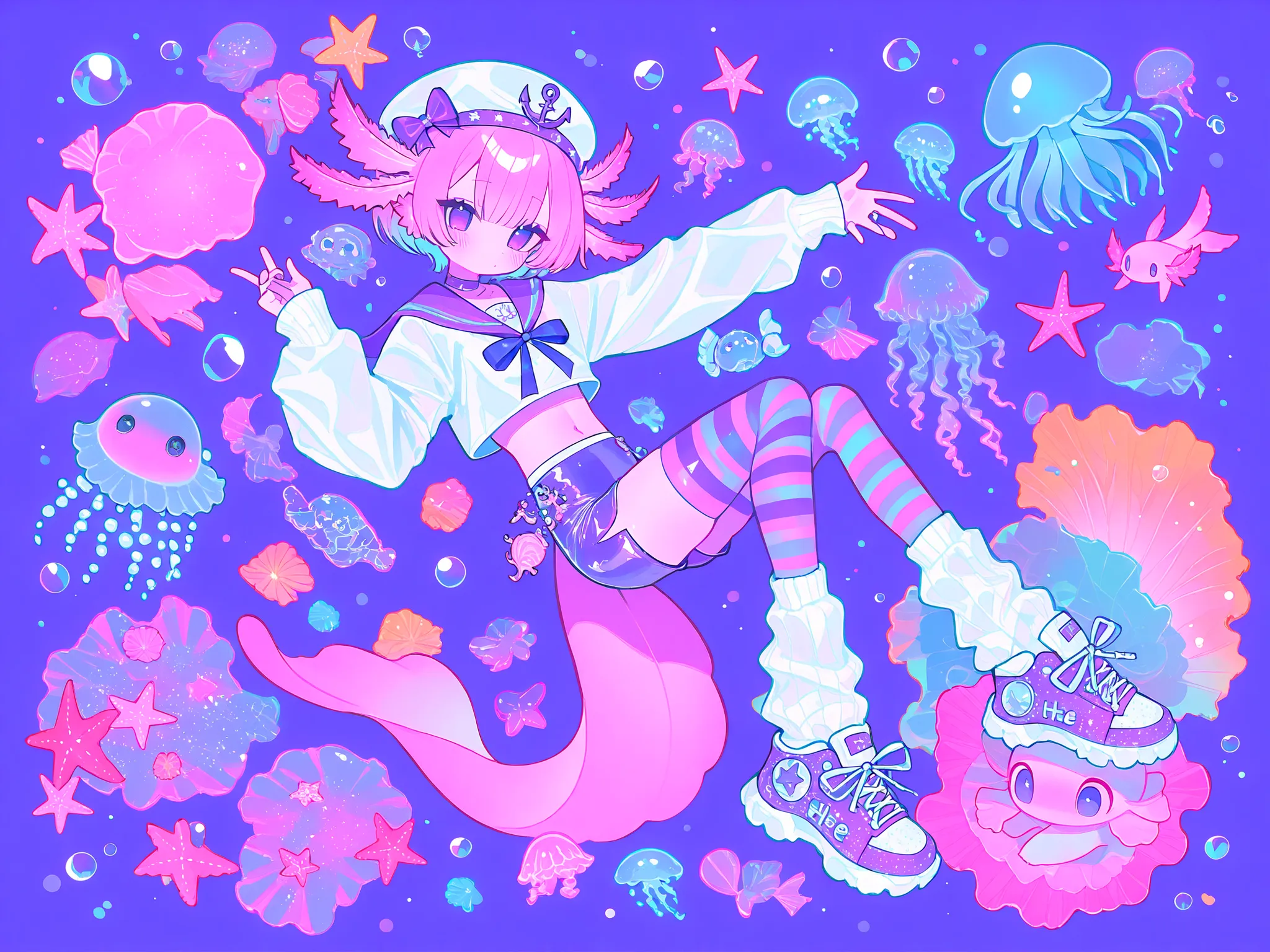 (male/boy character) The femboy idol. Beastman/furry/anthropomorphic axolotl. He has light pink skin covered with blush. He has a petite, flat-chested androgynous body structure. He has two-tone blue-purple eyes. He has two-tone pink-purple short hair with...