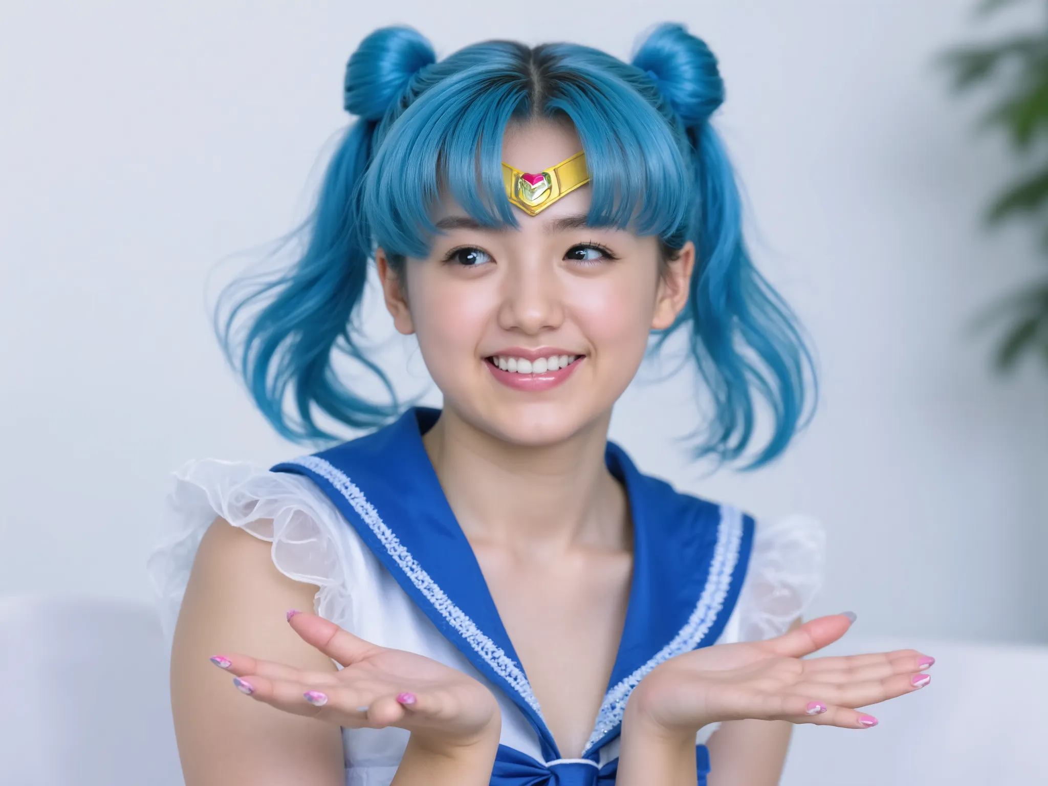 1 girl, ((full body:1.5)), ((A woman cosplaying as Sailor Mercury:1.5)), ((sitting:1.5)), (hands in pantie:1.5),