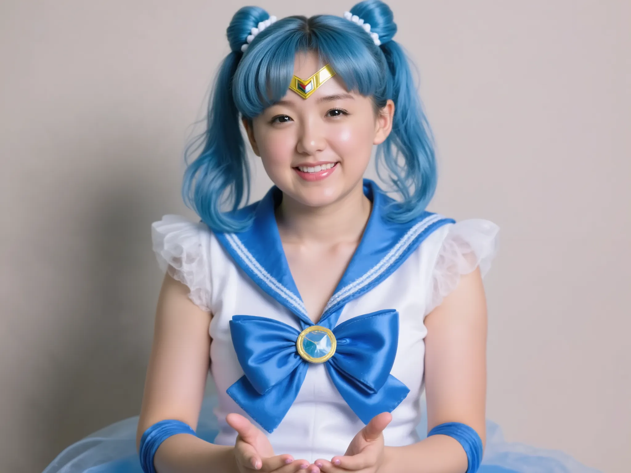 1 girl, ((full body:1.5)), ((A woman cosplaying as Sailor Mercury:1.5)), ((sitting:1.5)), (hands in pantie:1.5),