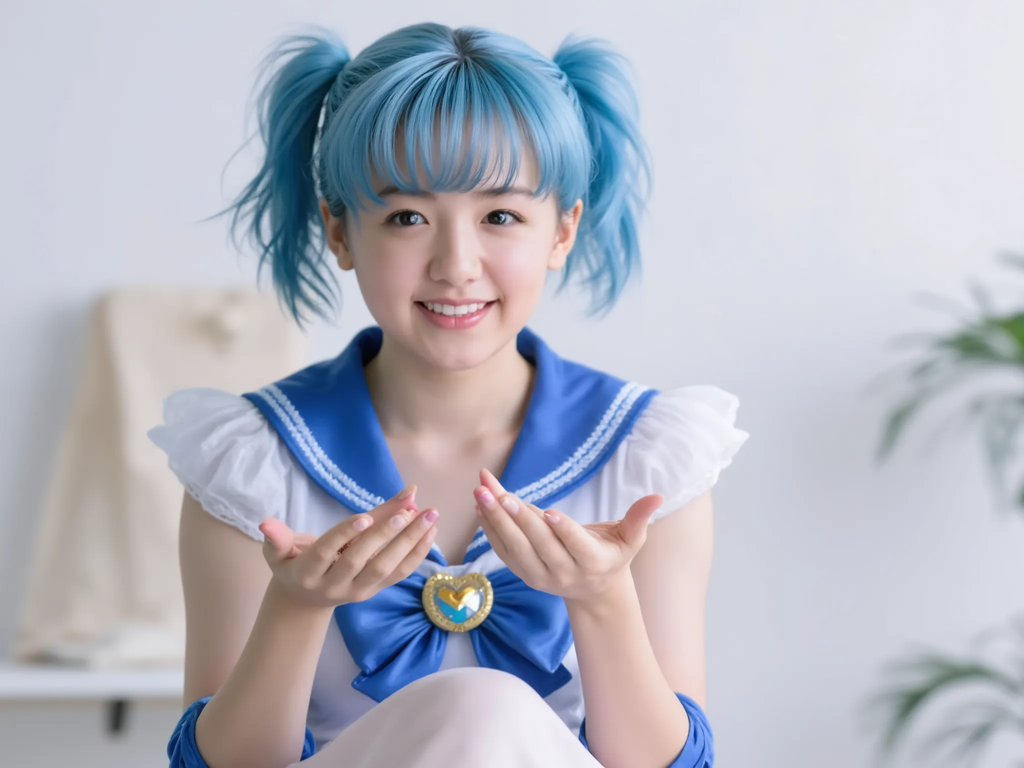 1 girl, ((full body:1.5)), ((A woman cosplaying as Sailor Mercury:1.5)), ((sitting:1.5)), (hands in pantie:1.5),