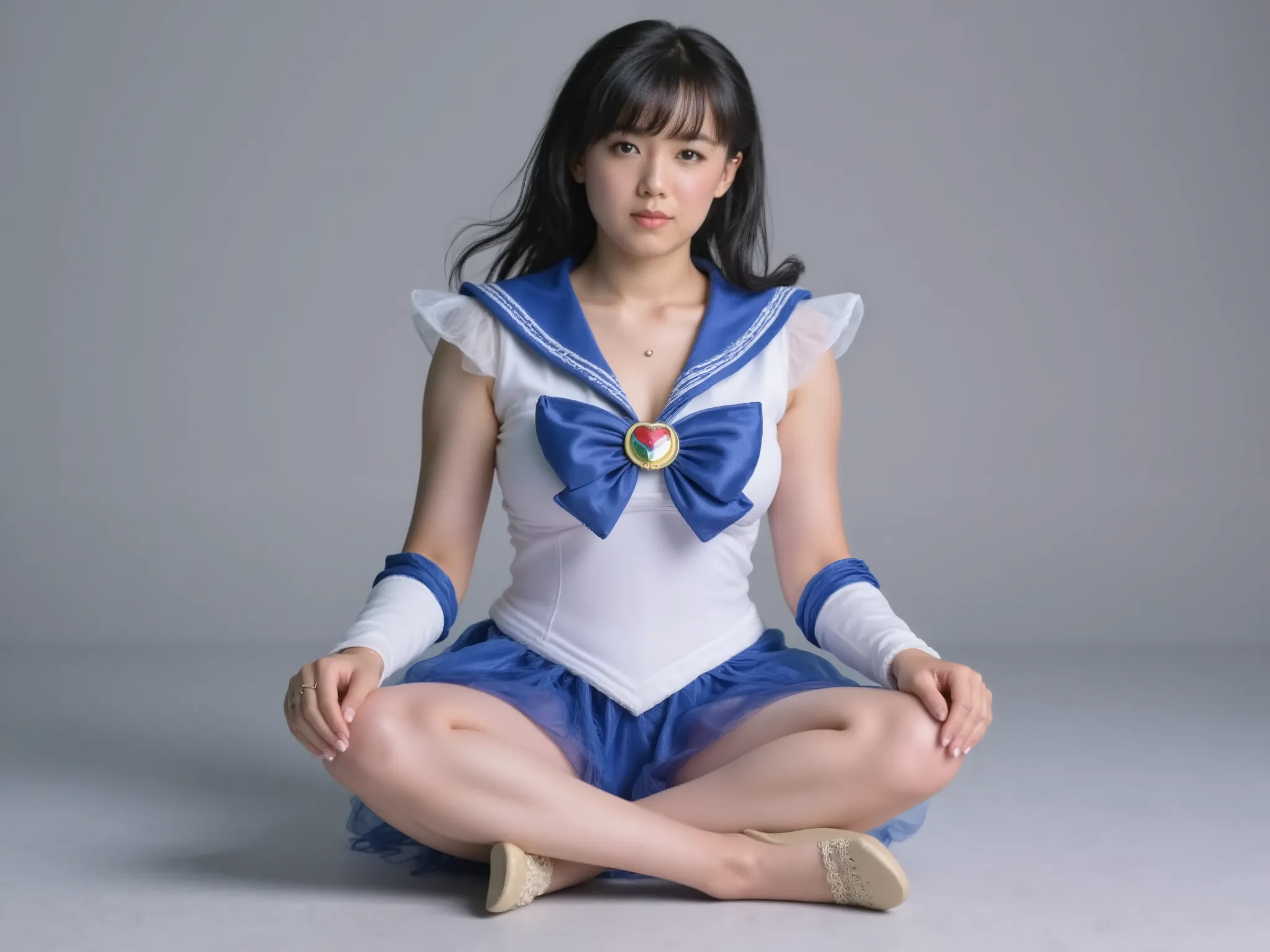 1 girl, ((full body:1.5)), big breasts, ((A woman cosplaying as sexy Sailor Mercury:1.5)), ((Sit with your legs apart:1.5)), high heels,