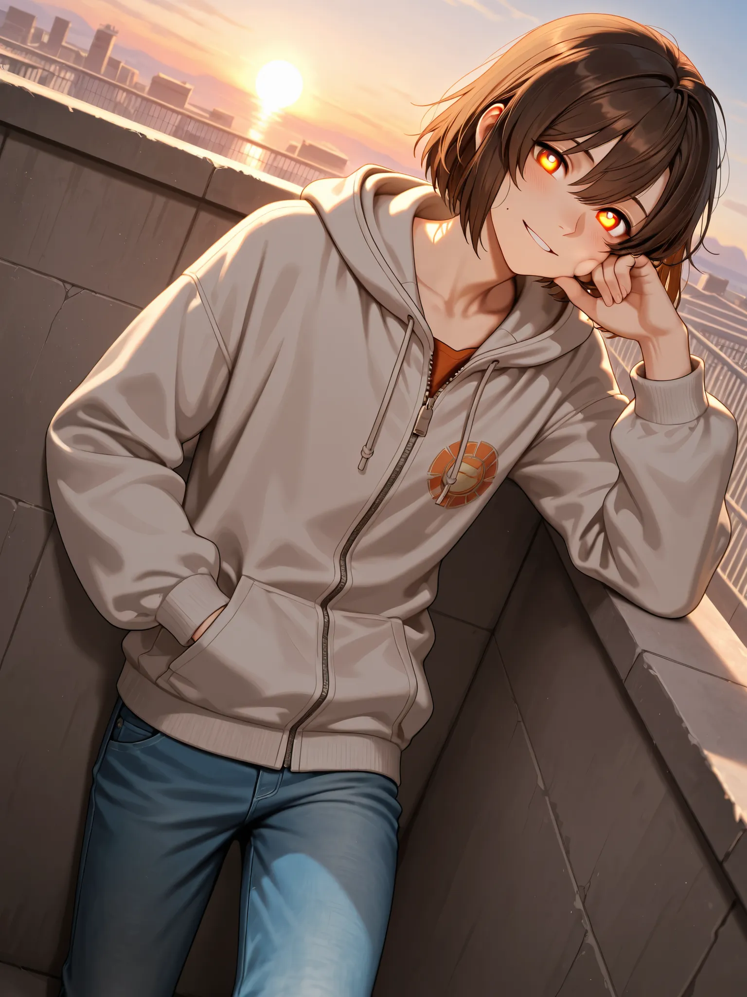 A twelve-year-old boy with slightly messy dark brown bob hair and clear, kind eyes. A small dimple appears on his left cheek when he smiles. He wears a light gray hooded jacket and faded blue jeans. He has a slim, small, and delicate body. On the school ro...