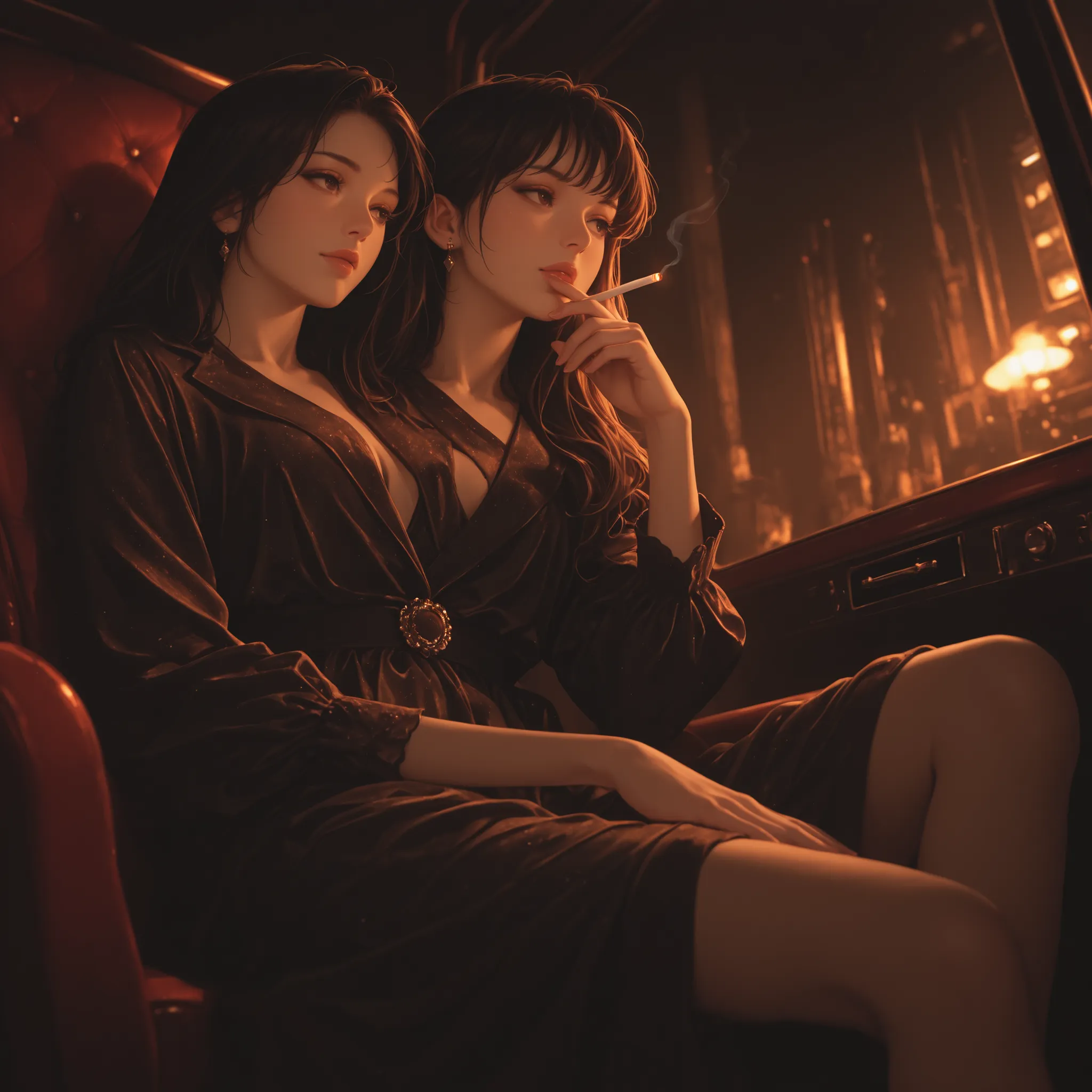 realistic, vintage photos , casual photo, dynamic angle, Turning eyes, , sitting in a luxury booth and holding a long cigarette with her fingers., elegant, , a great business., His name is Rico, He's a beautiful woman wearing diamond,
masterpieces, rece...