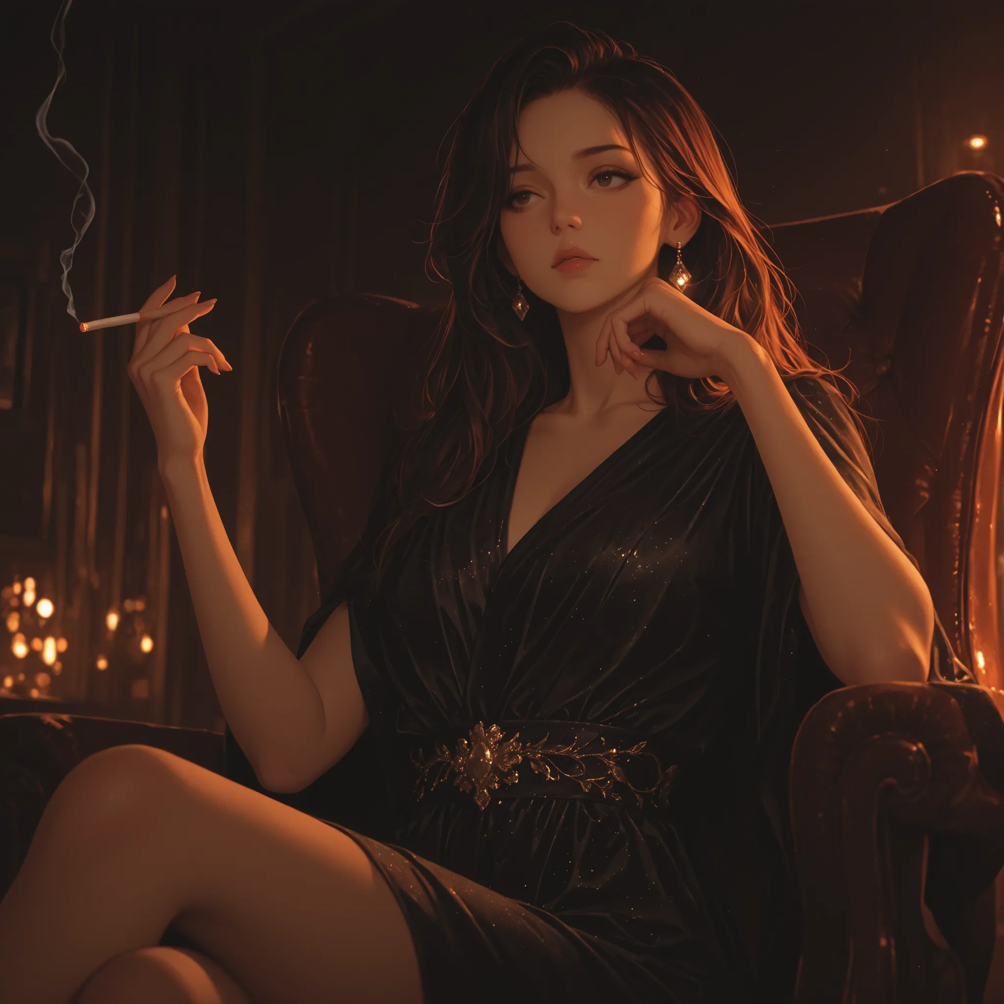 realistic, vintage photos , casual photo, dynamic angle, Turning eyes, , sitting in a luxury booth and holding a long cigarette with her fingers., elegant, , a great business., His name is Rico, He's a beautiful woman wearing diamond,
masterpieces, rece...