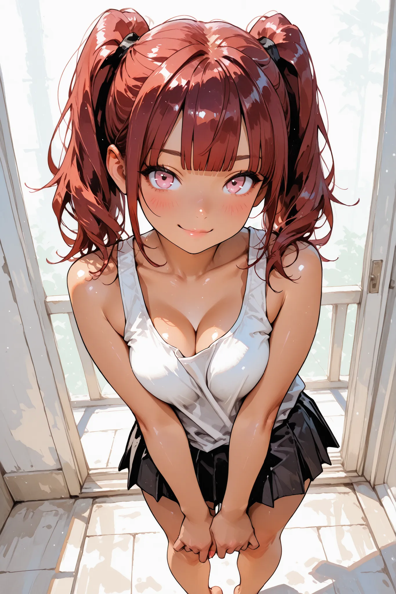 1girl,Super Detailed,absolute resolution,(dynamic angles),(tanned skin:0.3),(tanlines:0.3),portrait,(pinup),looking at viewer,,standing,breasts squeezed together, v-arms,((white loose tank top)),((untucked shirt)),black pleated miniskirt,(barefoot),detaile...