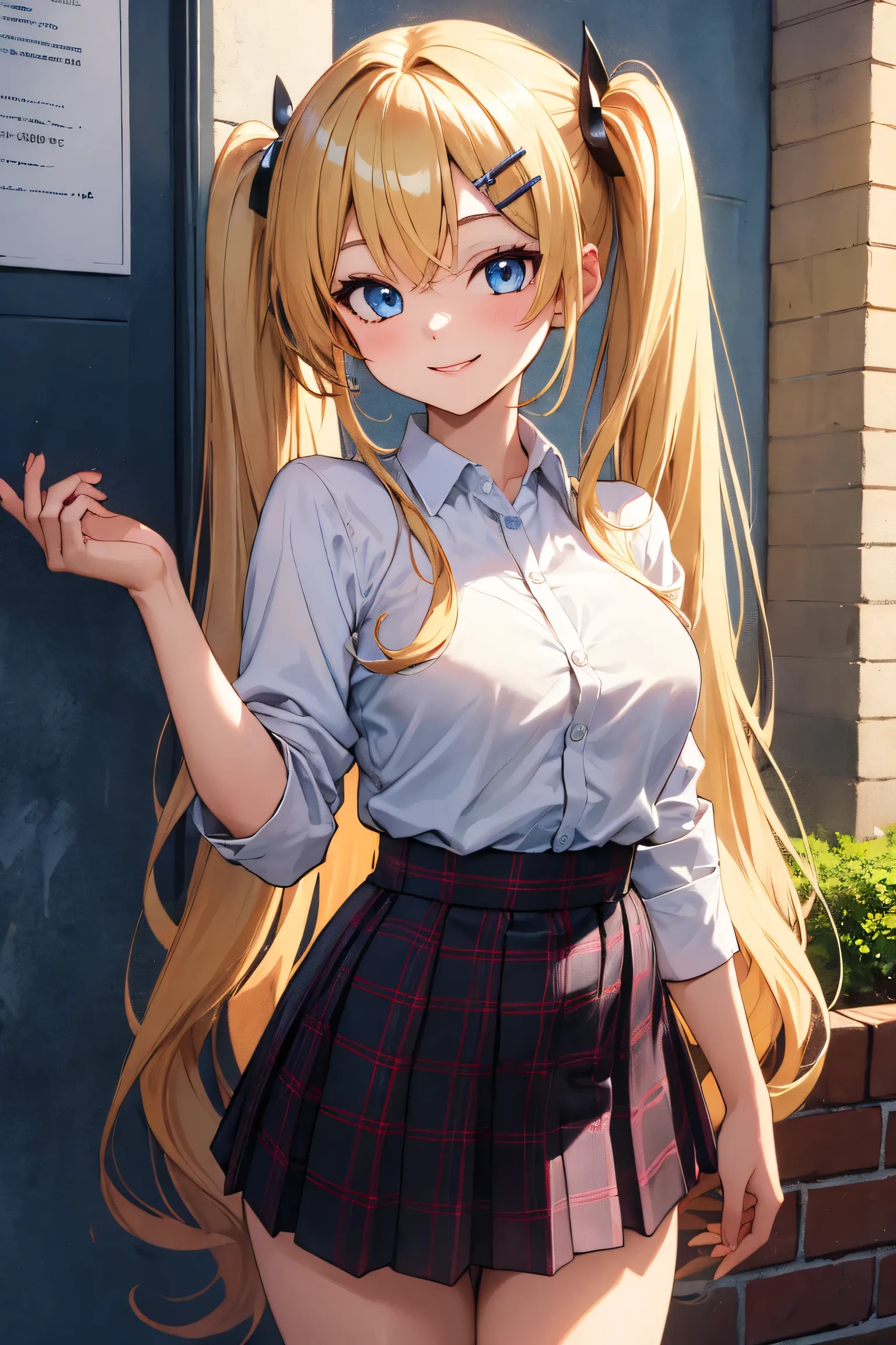 (Masterpiece), (best quality), (super detailed), (BEST ILLUSTRATION), (best shadow), (high resolution), (Detailed Background), (very beautiful), Hachimiya Tour, 1 girl, blonde, skirt,  solo,  blue eyes, Hair accessories, Smile, grids, breasts,  double pony...