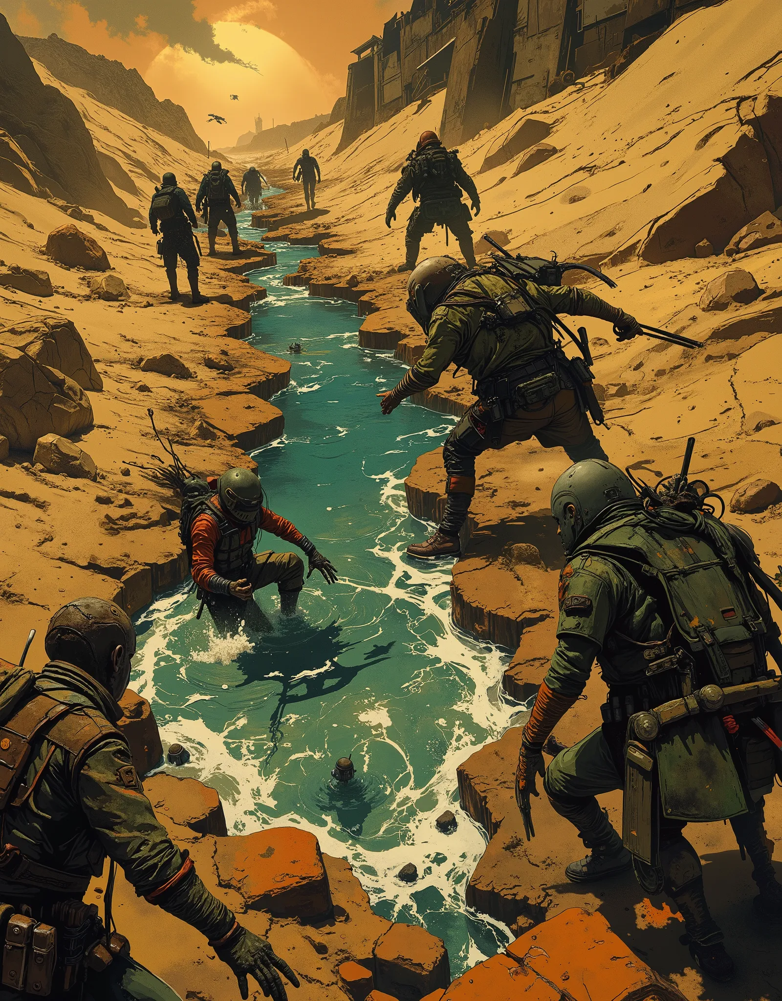 Hyper-realistic, post-apocalyptic battle scene over a tiny water puddle under scorching sun. Travelers vs. raiders, dynamic mid-fight poses, flying sand, splashing water. Gritty textures, cracked earth, intense facial expressions. Color: burnt yellows, dee...