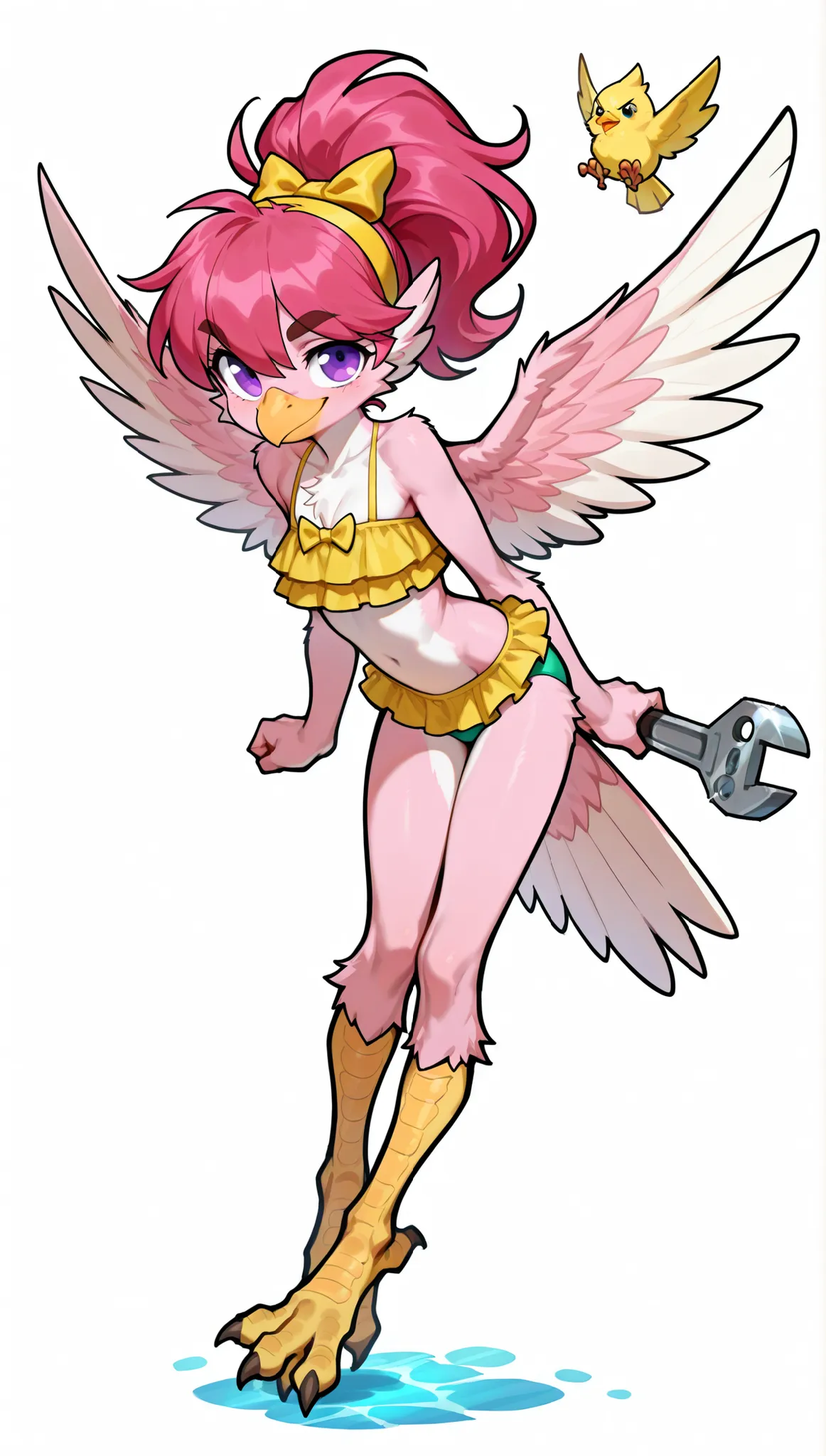 score_9,score_8_up,score_7_up, source_cartoon, spurce_anime, source_furry, solo, alone, Furry girl, feathered pointed ears, anthro bird, yellow beak, magenta hair, pointed spiky hairstyle, pointed spiky ponytail, anime style, small breasts, purple eyes, bi...