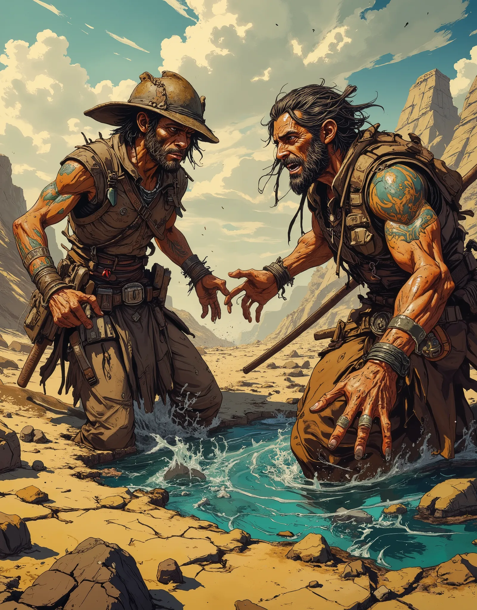 Hyper-realistic, post-apocalyptic battle scene over a tiny water puddle under scorching sun. Travelers vs. raiders, dynamic mid-fight poses, flying sand, splashing water. Gritty textures, cracked earth, intense facial expressions. Color: burnt yellows, dee...