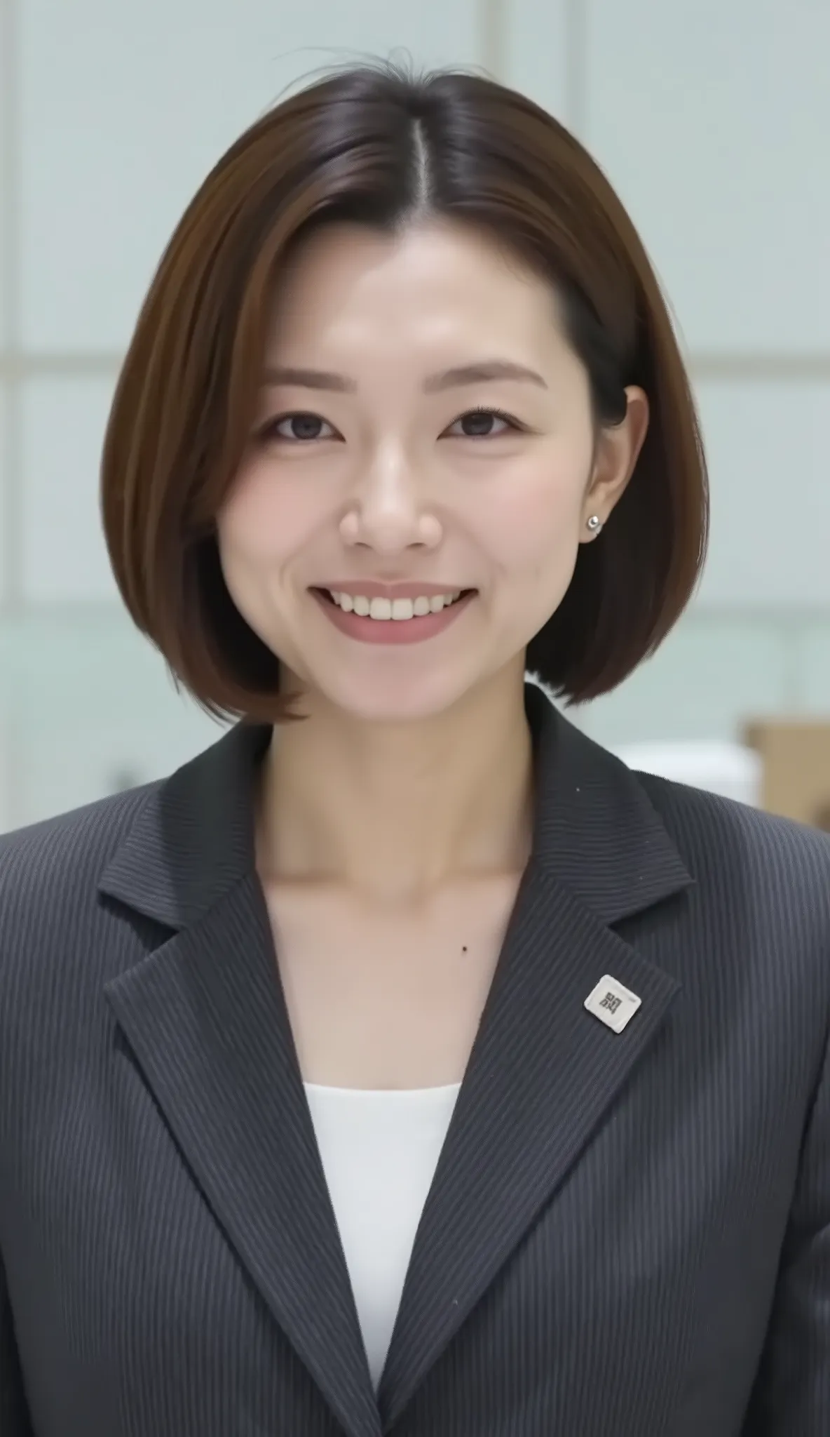 nsfw、From front、Japanese in a グレーcollarless suit、カメラ目線、22-year-old female minister、、A-line bob(angled bob・inverted bob)、、during regular press conference、(bust up shot:1.5)、ネックレス、耳にピアス、口を閉じた笑顔
