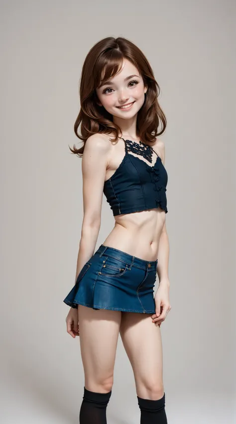 4K, masterpiece, 8k, High Quality, 最High Quality,10歳のcute少等生, very white skin,  long brown hair，a bit，Low Length，freckles，thin eyebrows，straight bang，(flat chest) ，loves feminine, tilt , elegant, elegant, cute, smile, cute,  cheerful, belly button, Denim L...