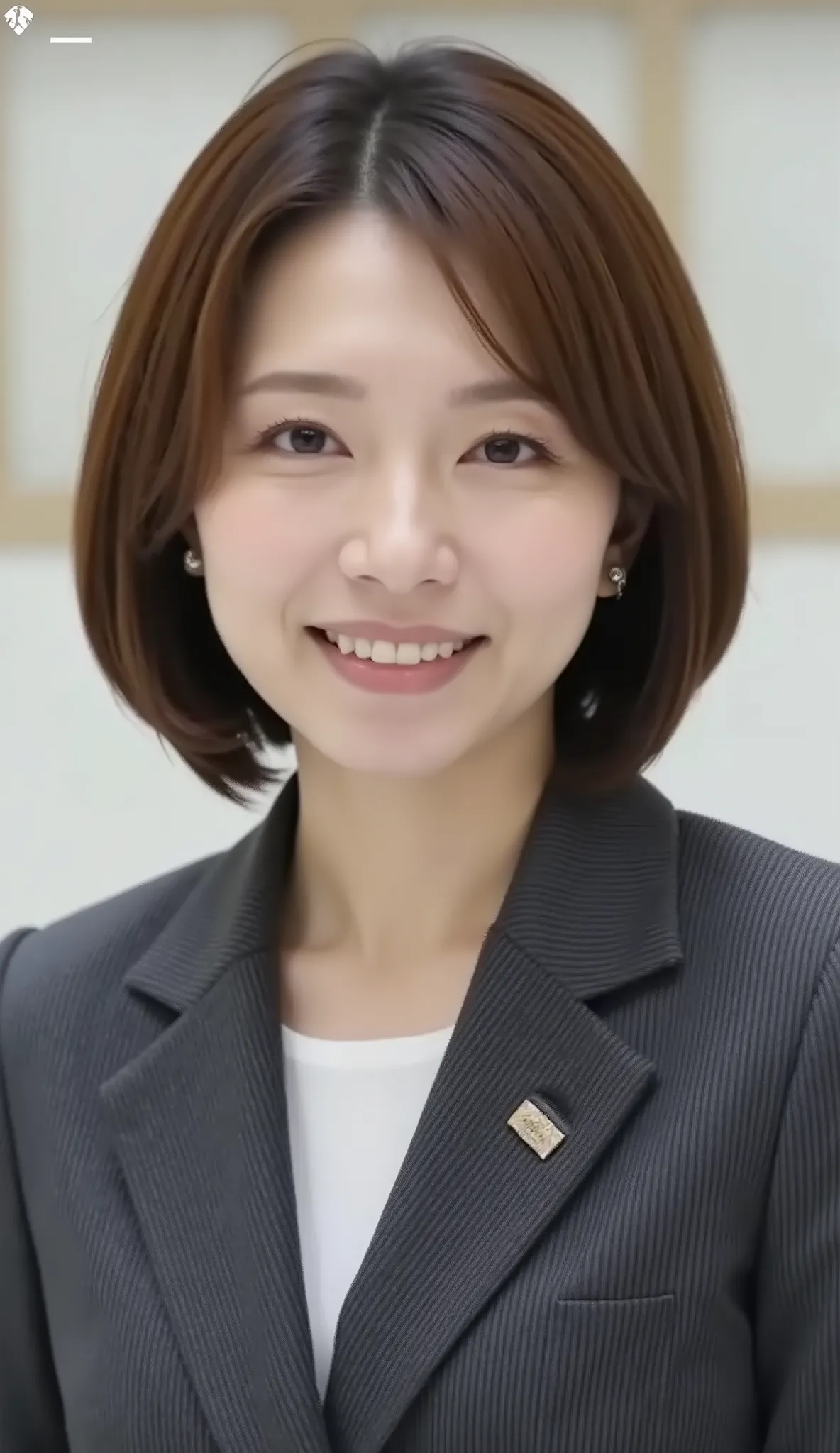 nsfw、From front、Japanese in a グレーcollarless suit、カメラ目線、25-year-old female minister、A-line bob(angled bob・inverted bob)、during regular press conference、(bust up shot:1.5)、、歯を見せた笑顔