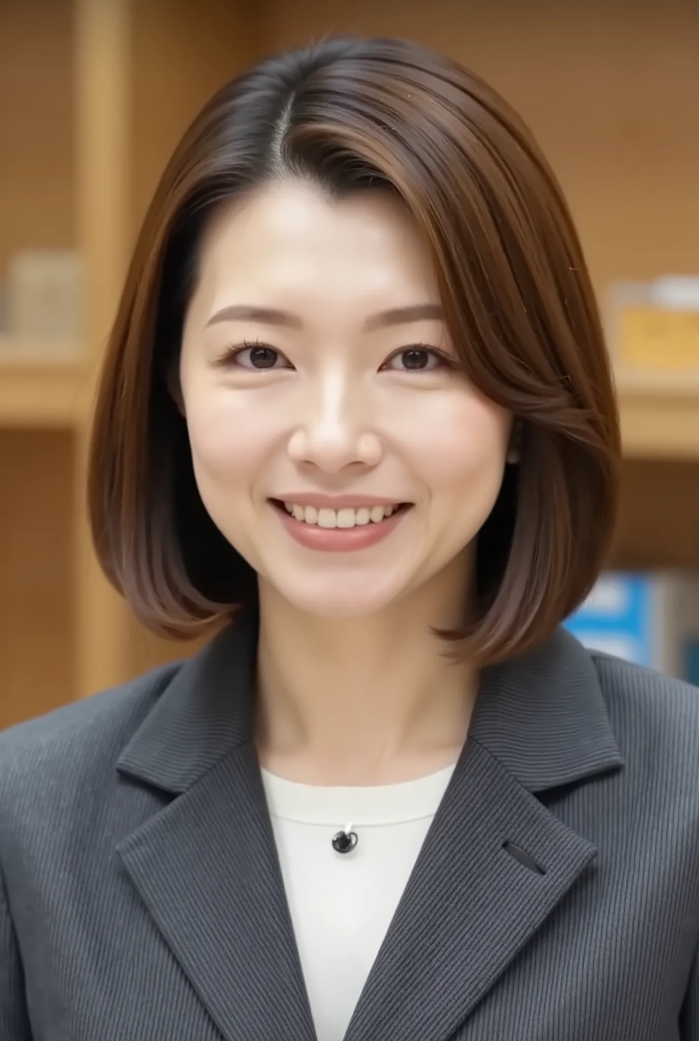 nsfw、From front、Japanese in a グレーcollarless suit、カメラ目線、25-year-old female minister、A-line bob(angled bob・inverted bob)、during regular press conference、(bust up shot:1.5)、、歯を見せた笑顔
