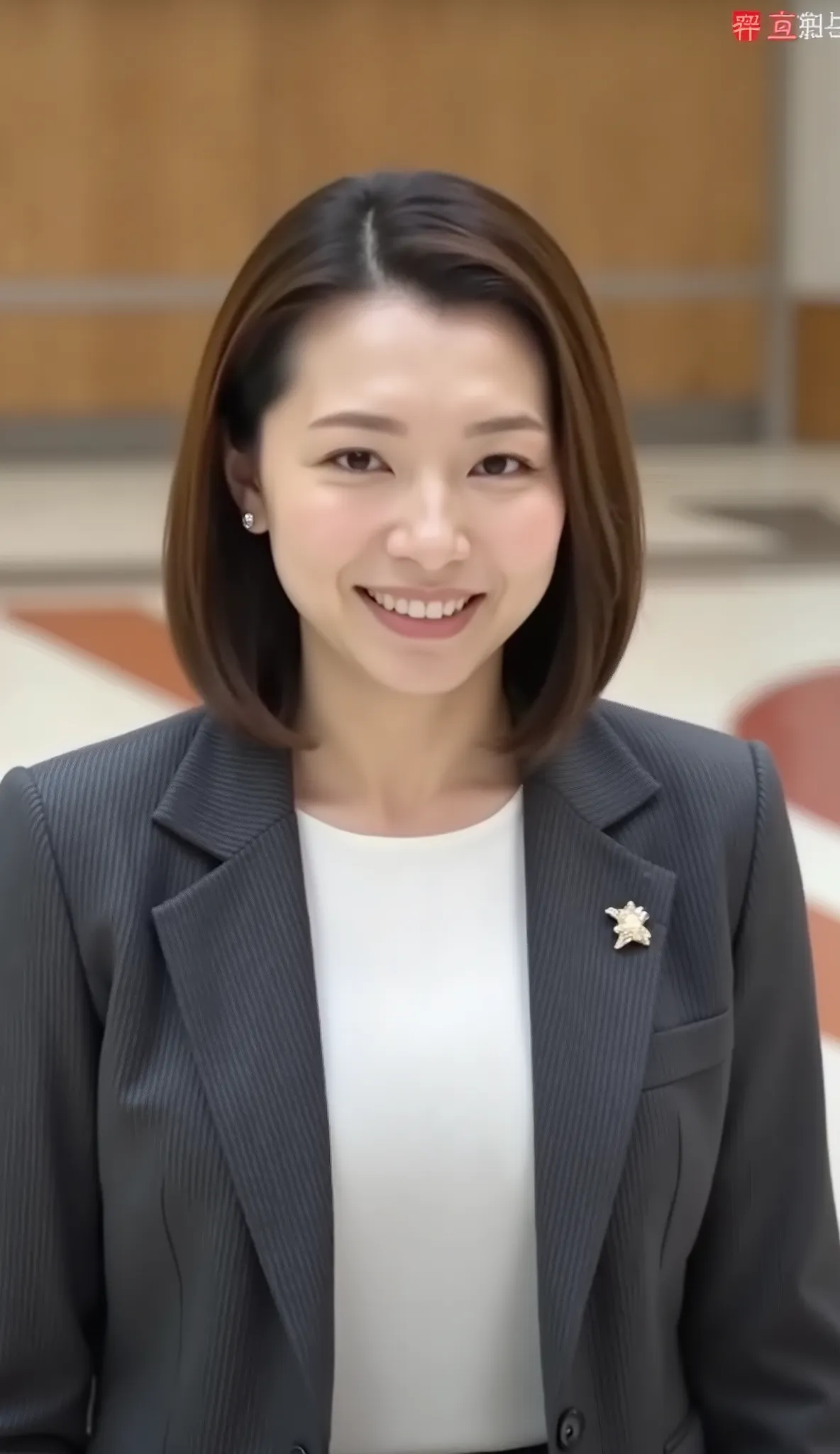 nsfw、From front、Japanese in a グレーcollarless suit、カメラ目線、25-year-old female minister、A-line bob(angled bob・inverted bob)、黒髪、during regular press conference、(bust up shot:1.5)、、歯を見せた笑顔
