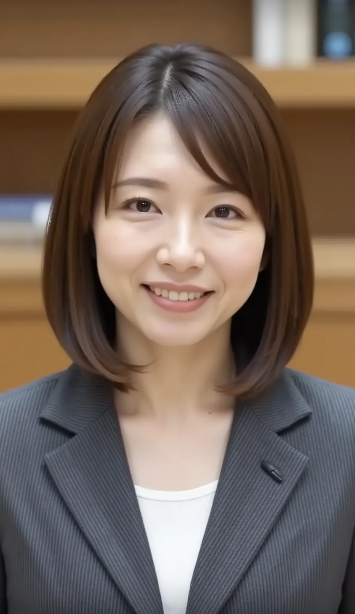 nsfw、From front、Japanese in a グレーcollarless suit、カメラ目線、25-year-old female minister、A-line bob(angled bob・inverted bob)、黒髪、during regular press conference、(bust up shot:1.5)、、歯を見せた笑顔