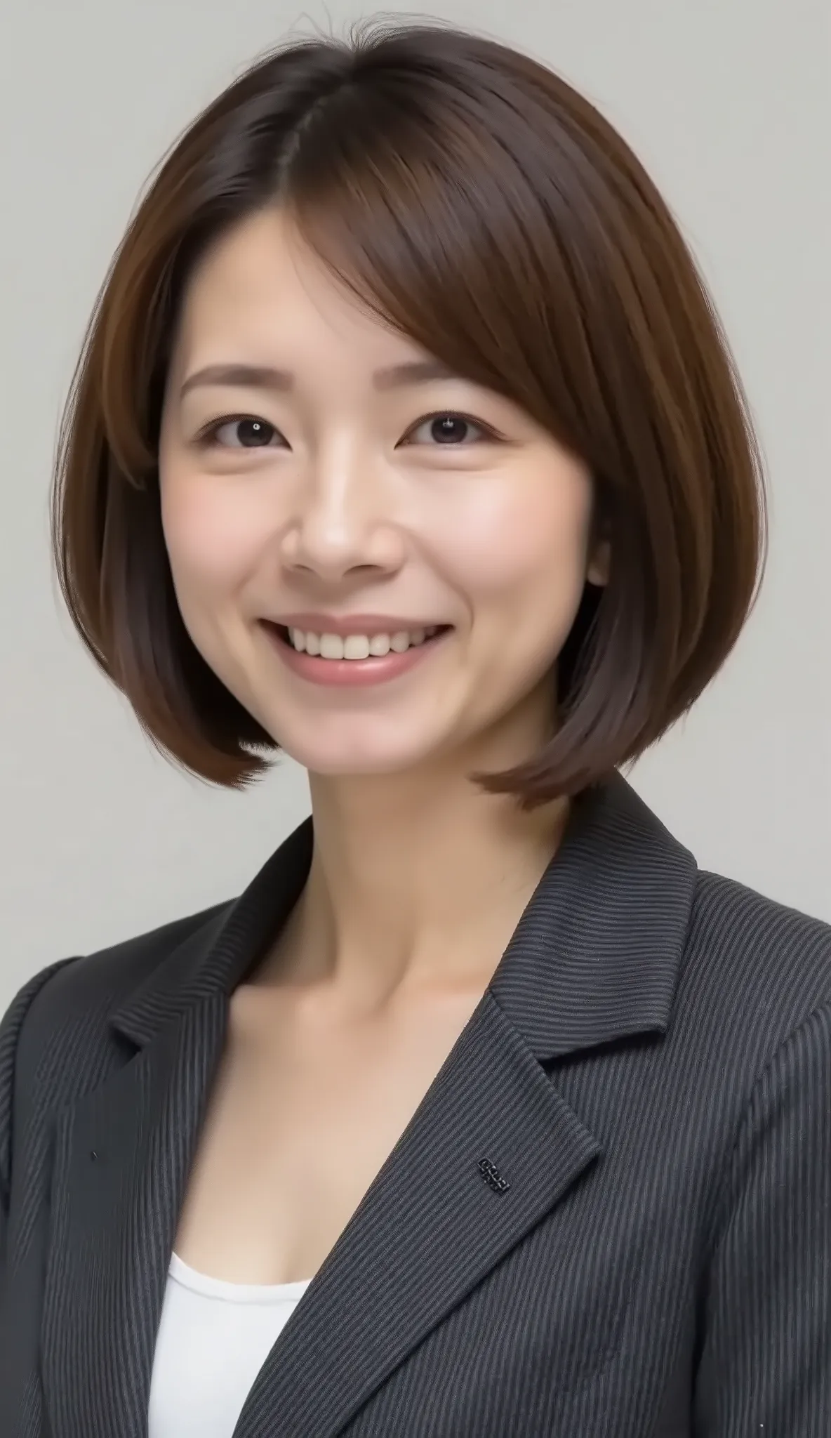 nsfw、From front、Japanese in a グレーcollarless suit、カメラ目線、25-year-old female minister、A-line bob(angled bob・inverted bob)、黒髪、during regular press conference、(bust up shot:1.5)、、歯を見せた笑顔