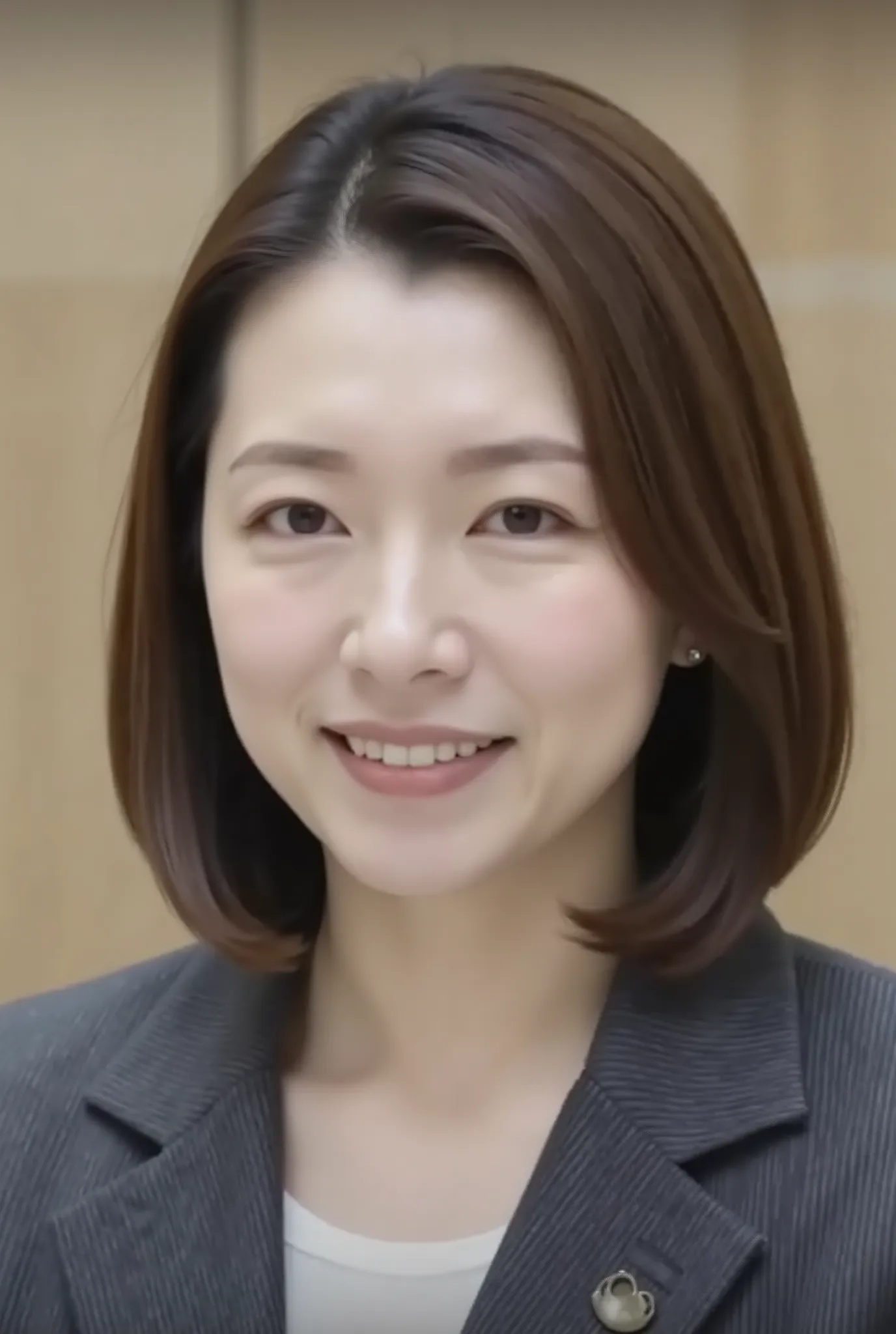 nsfw、From front、Japanese in a グレーcollarless suit、カメラ目線、25-year-old female minister、A-line bob(angled bob・inverted bob)耳にピアス、ネックレス、、黒髪、during regular press conference、(bust up shot:1.5)、、歯を見せた笑顔