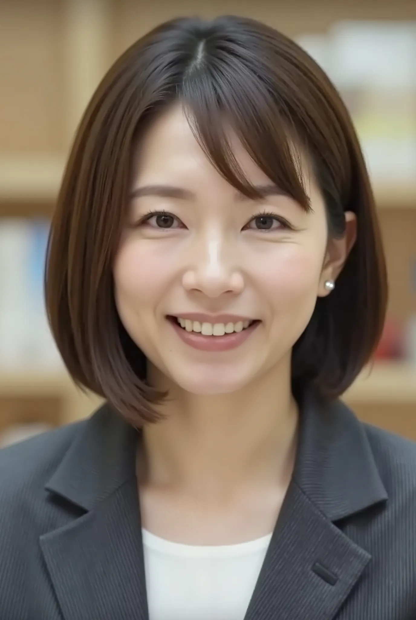 nsfw、From front、Japanese in a グレーcollarless suit、カメラ目線、35-year-old female minister、A-line bob(angled bob・inverted bob)、ネックレス、、during regular press conference、(bust up shot:1.5)、、歯を見せた笑顔