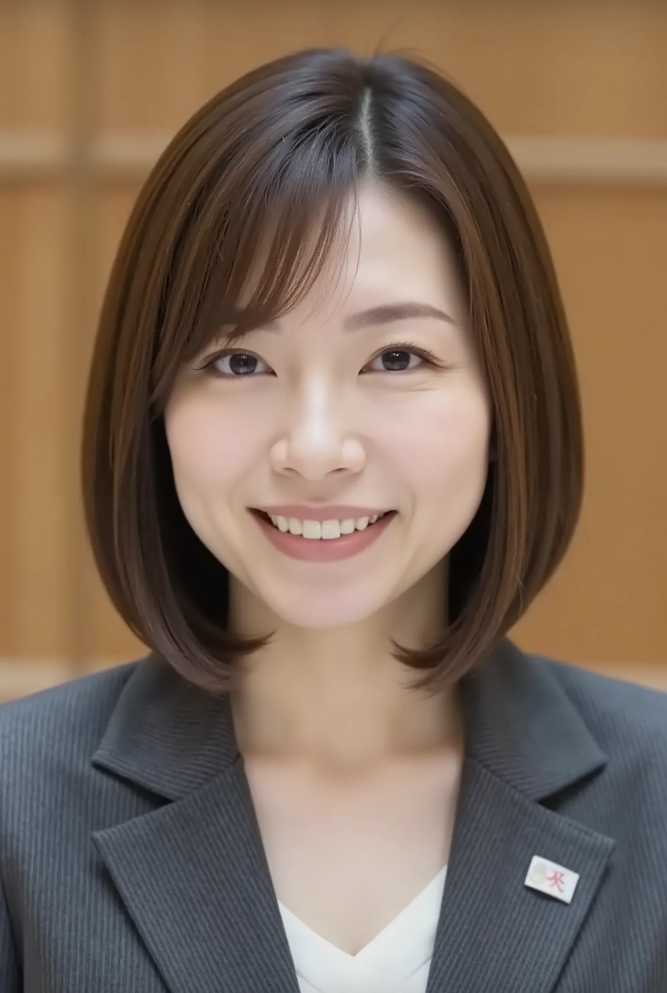 nsfw、From front、Japanese in a グレーcollarless suit、カメラ目線、25-year-old female minister、A-line bob(angled bob・inverted bob),耳にピアス、ネックレス、、黒髪、during regular press conference、(bust up shot:1.5)、、歯を見せた笑顔