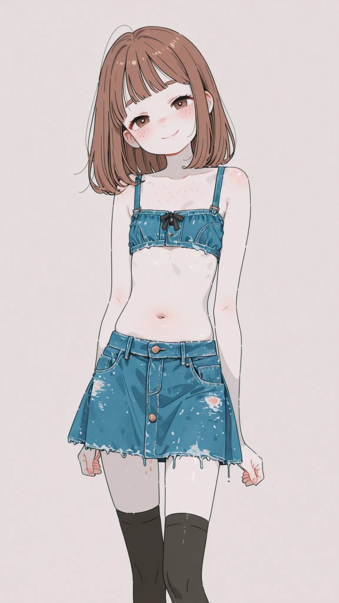 4K, masterpiece, 8k, High Quality, 最High Quality,10歳のcute少等生, very white skin,  long brown hair，a bit，Low Length，freckles，thin eyebrows，straight bang，(flat chest) ，loves feminine, tilt , elegant, elegant, cute, smile, cute,  cheerful, belly button, Denim L...