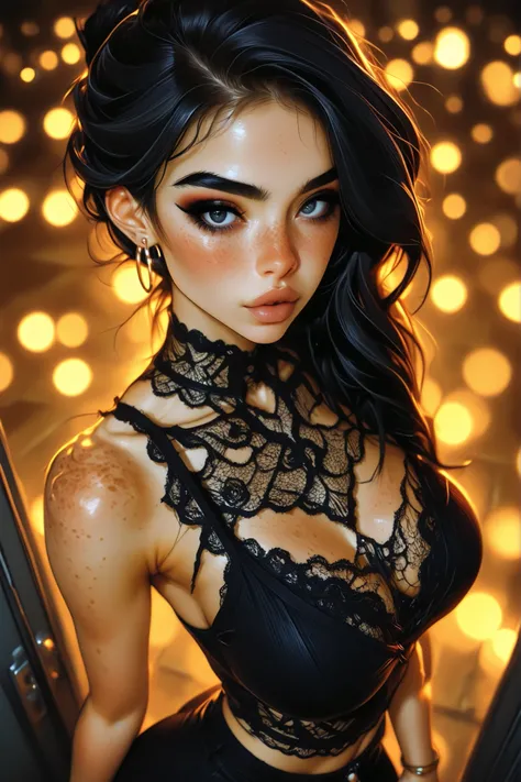 black hair, mature model, milf, ample cleavage, (high angle 1.2), looking at viewer, dynamic pose, masterpiece, best quality, high details, Ray tracing, hdr, hoop earings, volumetric lighting, bokeh, depth of field, glossy lips, score_9, score_8_up, score_...