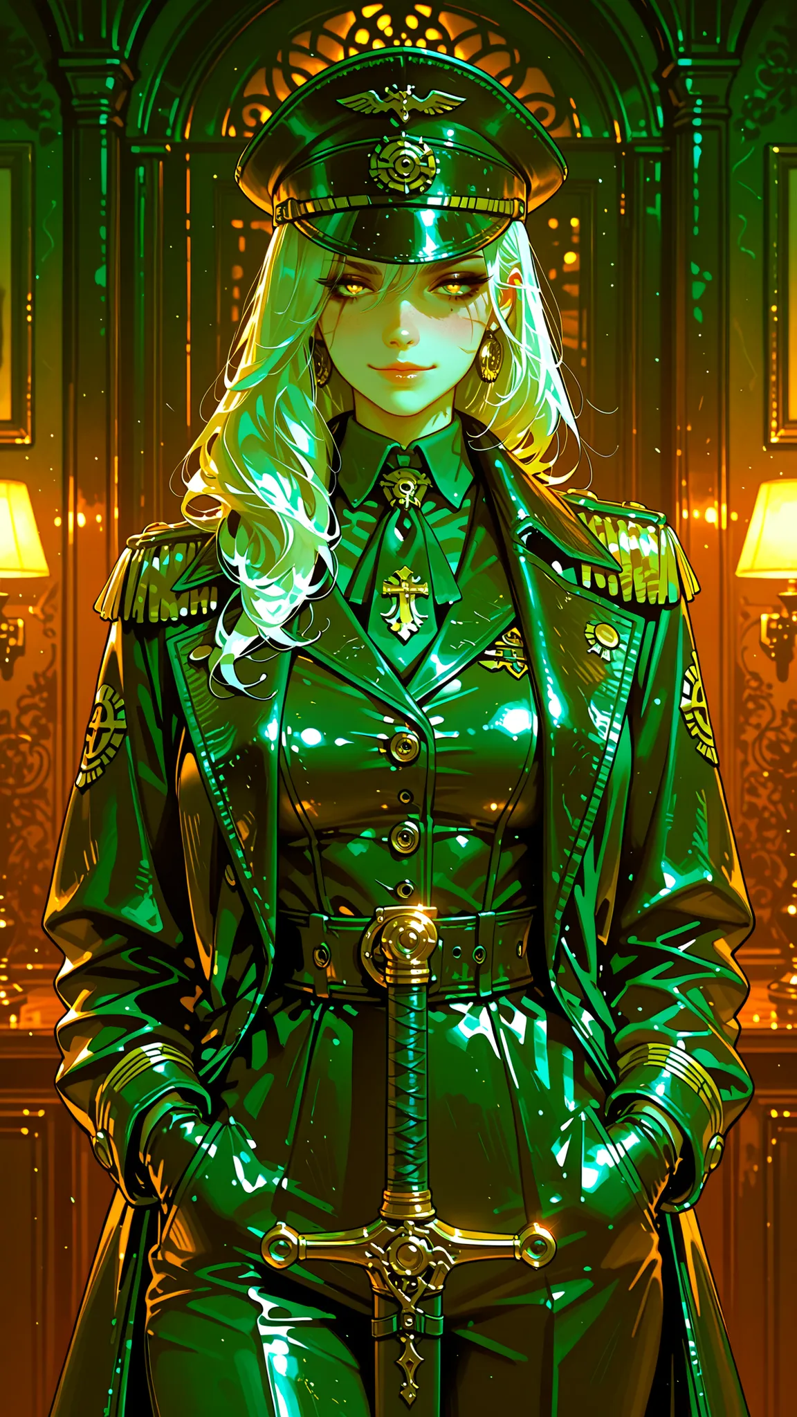 1920’s vintage steampunk, ((4k, 8k, Ultra HD)), ((Masterpiece :1.2)), ((Best quality :1.2)), ((Detailed :1.5)), ((Detailed background :1.5)) 1woman, mature and elegant, war-hardened beauty, graceful yet fierce, refined yet commanding, long hair, white hair...
