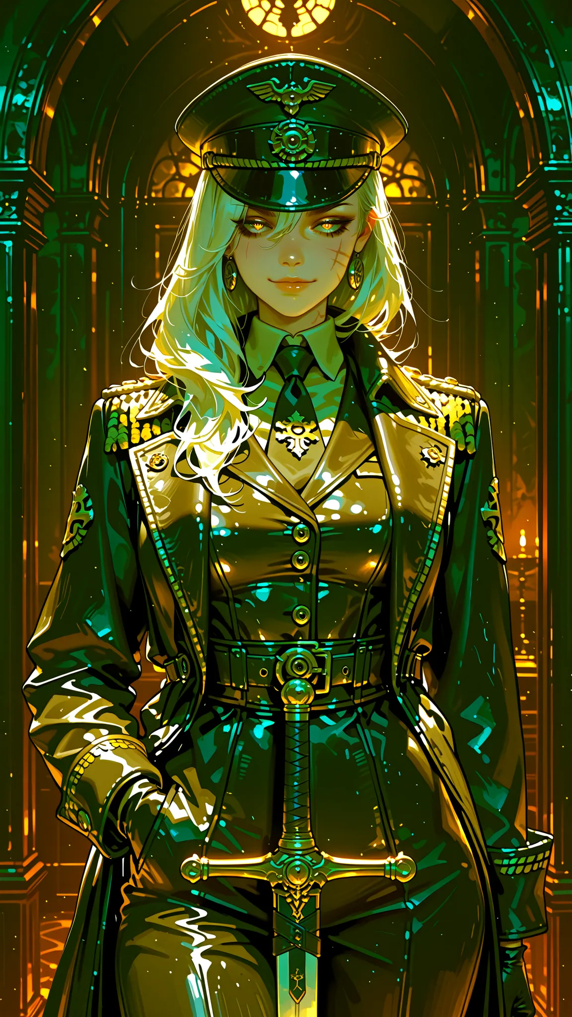 1920’s vintage steampunk, ((4k, 8k, Ultra HD)), ((Masterpiece :1.2)), ((Best quality :1.2)), ((Detailed :1.5)), ((Detailed background :1.5)) 1woman, mature and elegant, war-hardened beauty, graceful yet fierce, refined yet commanding, long hair, white hair...