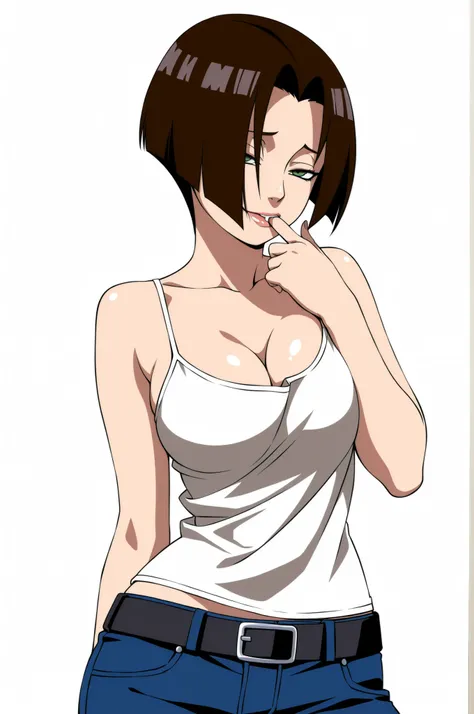 Naruto Style, by Masashi Kishimoto, Studio Pierrot, anime coloring, 1girl, solo, brown hair, shiny hair, detailed hair, radically (absurdly short inverted bob cut:1.2), hair over face, parted hair, (curtained hair:1.2), green eyes, (sanpaku:1.2), (narrowed...