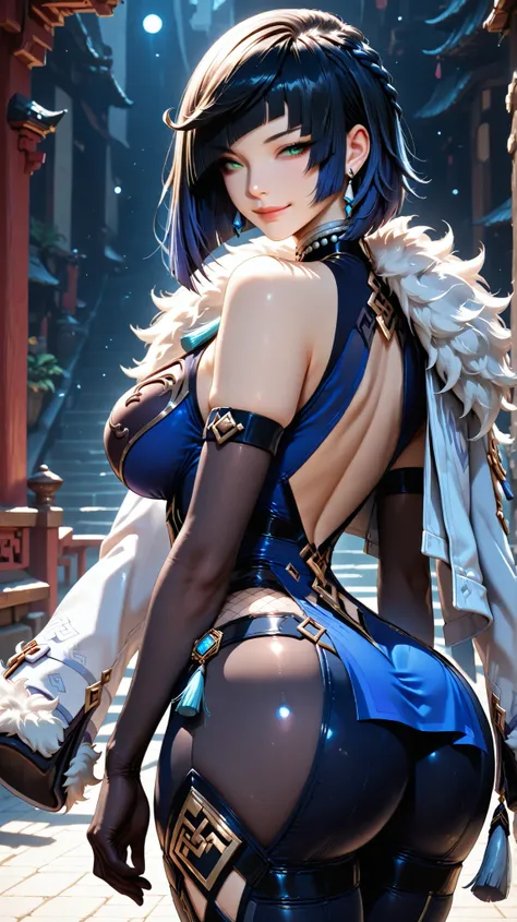 high resolution picture, masterpiece, best quality, amazing quality, official art, solo, 1girl,  Yelan from Genshin Impact, 1girl,yelan \(genshin impact\), black hair, short hair, two-tone hair, green eyes, clothing cutout, tassel, fur trim, earrings, blue...