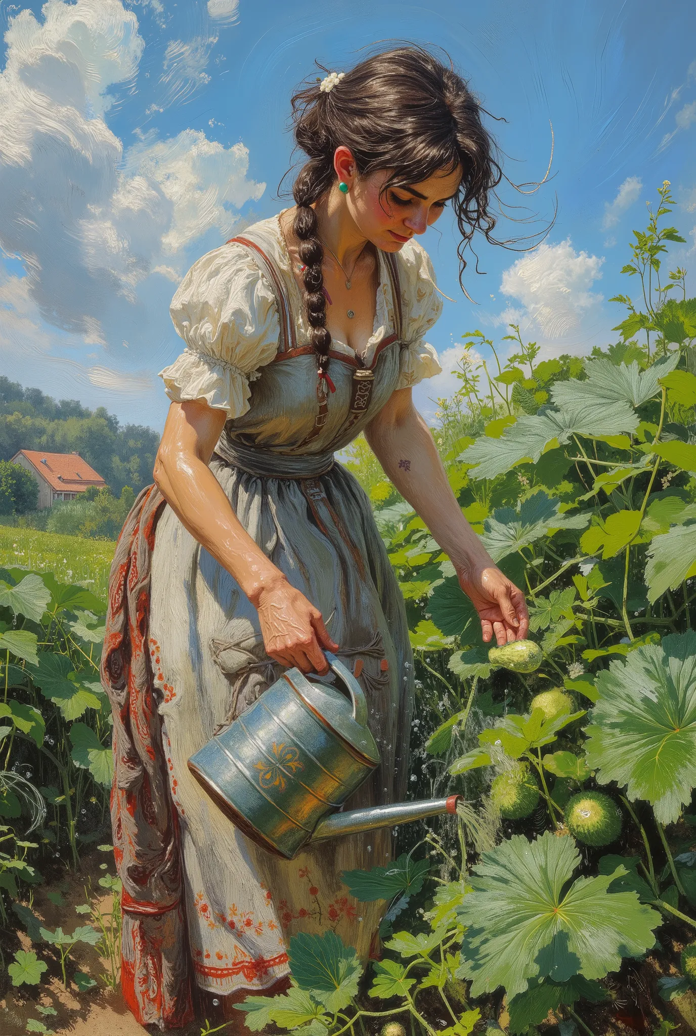 The oil painting depicts a young woman in a traditional Central European sundress and a white embroidered apron watering cucumbers from a watering can in a field on a hot summer afternoon. The woman looks a little tired and wipes sweat from her forehead wi...